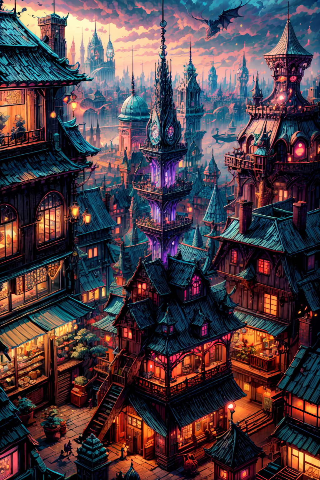 small city, city of dragons, from above view, fantasy world, 3d render, magic tower, day light, sunshine, day, small shops, magical beasts, few people in the streets, vally, backgound detail