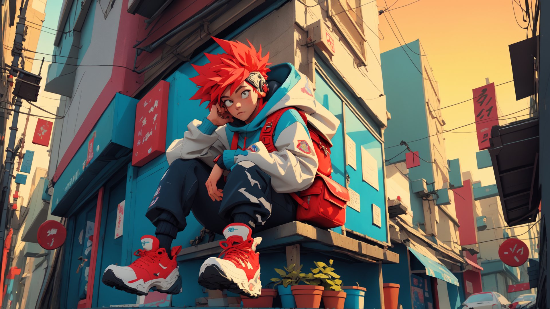 a cute guy walking down the street with headphone,arcane style, lofi, backpack, bag, blue pants, book, bookshelf, red hair, hood, hood down, hoodie, lofi style, long sleeves, moon, pants, planet, plant, potted plant, scenery, shelf, shooting star, short hair, sitting, sky, solo,sunset, television, window,Mechanical part,mecha,winterhanfu