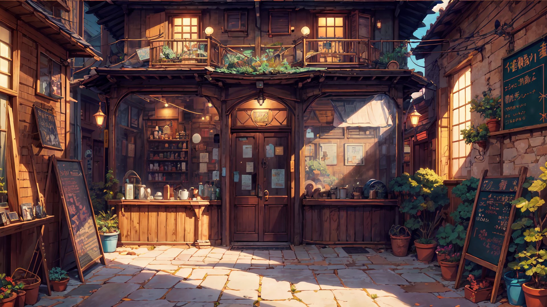 masterpiece, best quality,small cafe, medieval era, from inside view, viewer looking outside the glass, detail interior,beautiful street, detail perspective, 2 point perspective, day time, local shops, Studio Ghibli, Makoto Shinkai anime style