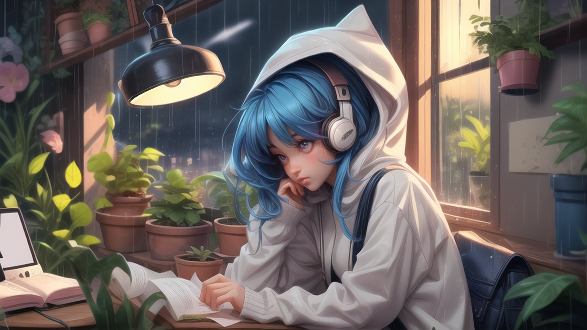 a cute girl, sit with headphone, study room, lofi,bookshelf, bag, blue hair,detail eyes, anime, hood, hoodie, lofi style, long sleeves, moon, plant, potted plant, scenery, shelf, shooting star, long hair, sitting, sky, solo,sunset, window,rainy season, rain outside window,