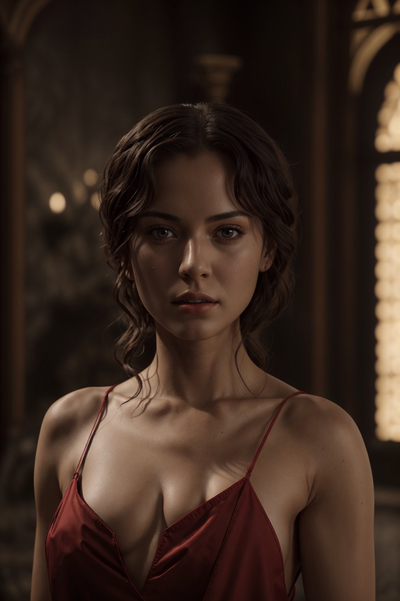 young red woman, red priest, in red temple, game of thrones, masterpiece, best quality (detailed face, detailed skin texture, ultra detailed body), (cinematic light: 1.1), very detailed, 1girl,