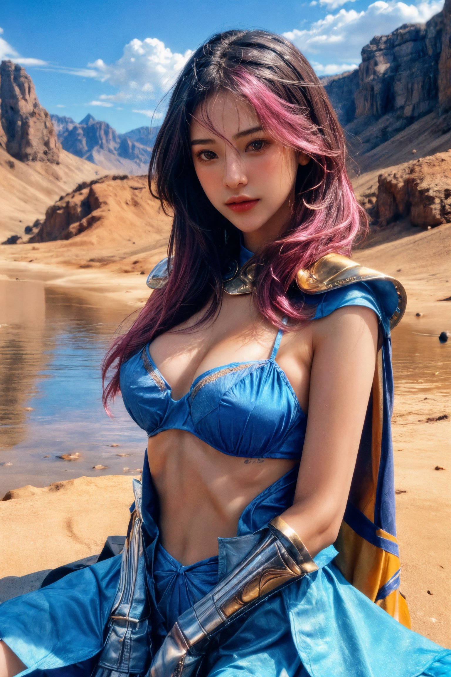 A young woman called chole with long, pink hair stands in a desert landscape( wearing space armored costume:1.2) . She is facing the camera and her arms are slightly raised above her head. Her abdomen is exposed and she has a brassiere on. The sky behind her is bright blue with some wispy clouds scattered throughout. On the ground around her there appears to be sand or dirt, and there is an orange-brown hue to the background of the image. A faint blue light illuminates from just below her chest area, adding an ethereal quality to the photo. Photorealistic, Hyperrealistic, Hyperdetailed, analog style, soft lighting, subsurface scattering, realistic, heavy shadow, masterpiece, best quality, ultra realistic, 8k, golden ratio, Intricate, High Detail, film photography, soft focus
,v4ni4,b3rli,n0t,ti4r4,4nya