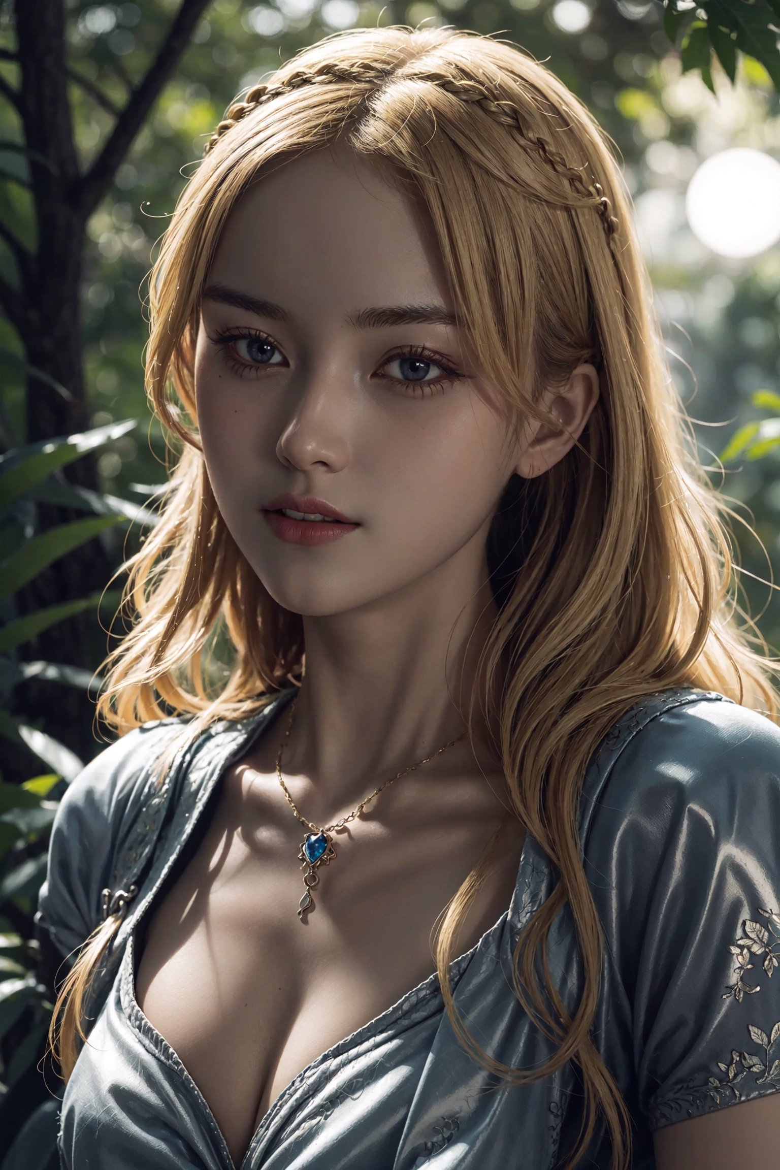 young cersei lannister, alone in the woods, game of thrones, masterpiece, best quality (detailed face, detailed skin texture, ultra detailed body), (cinematic light: 1.1), extremely detailed CG, unity 8k wallpaper, ultra detailed, very detailed, 1girl, long golden hair, detailed eyes, light up eyes, eyelashes, expression of pleasure on the face, smile, magical forest, long dress, white skin, shiny skin, oiled skin, full moon, night sky, night, clear sky, full moon, moonlight, 