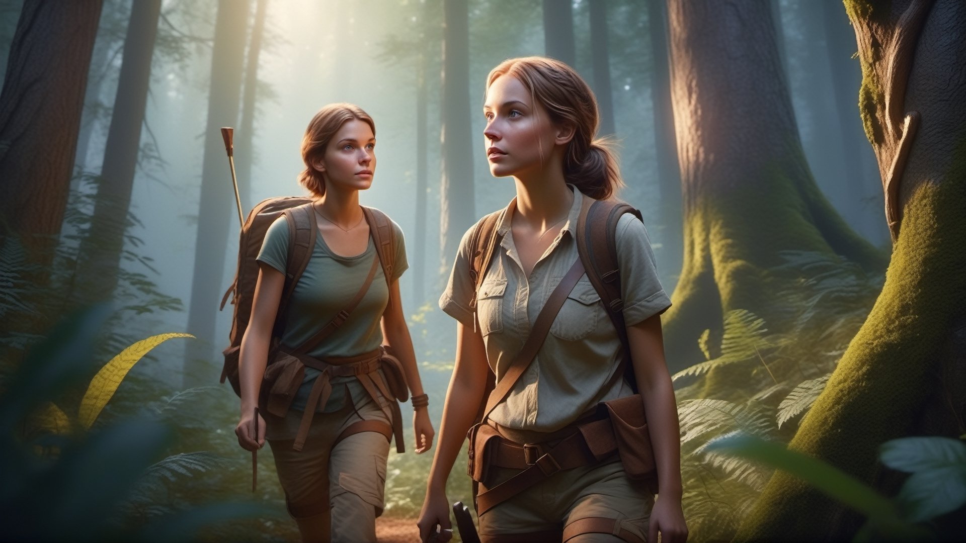 small group of adventurers exploring a forest, artistry illustration, (masterpiece), best quality, highres, 4k, 8k, Detailed Illustration, intricate detail, cinematic lighting, amazing quality, 1girl, fit female, amazing shading, soft lighting, facing camera, perfect eyes,FFIXBG