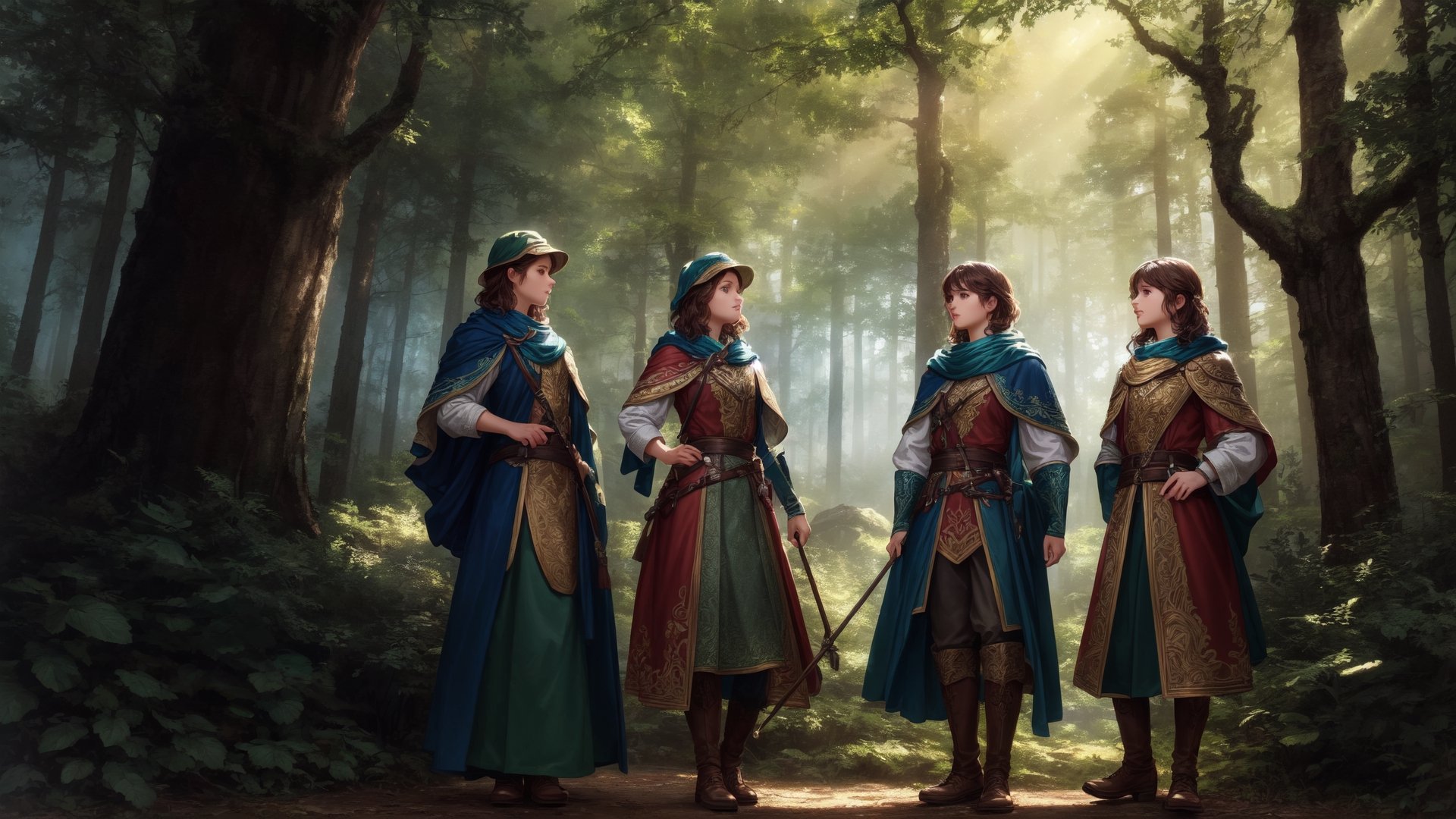 small group of adventurers exploring a forest, artistry illustration, (masterpiece), best quality, highres, 4k, 8k, Detailed Illustration, intricate detail, cinematic lighting, amazing quality, 1girl, fit female, amazing shading, soft lighting, facing camera, perfect eyes