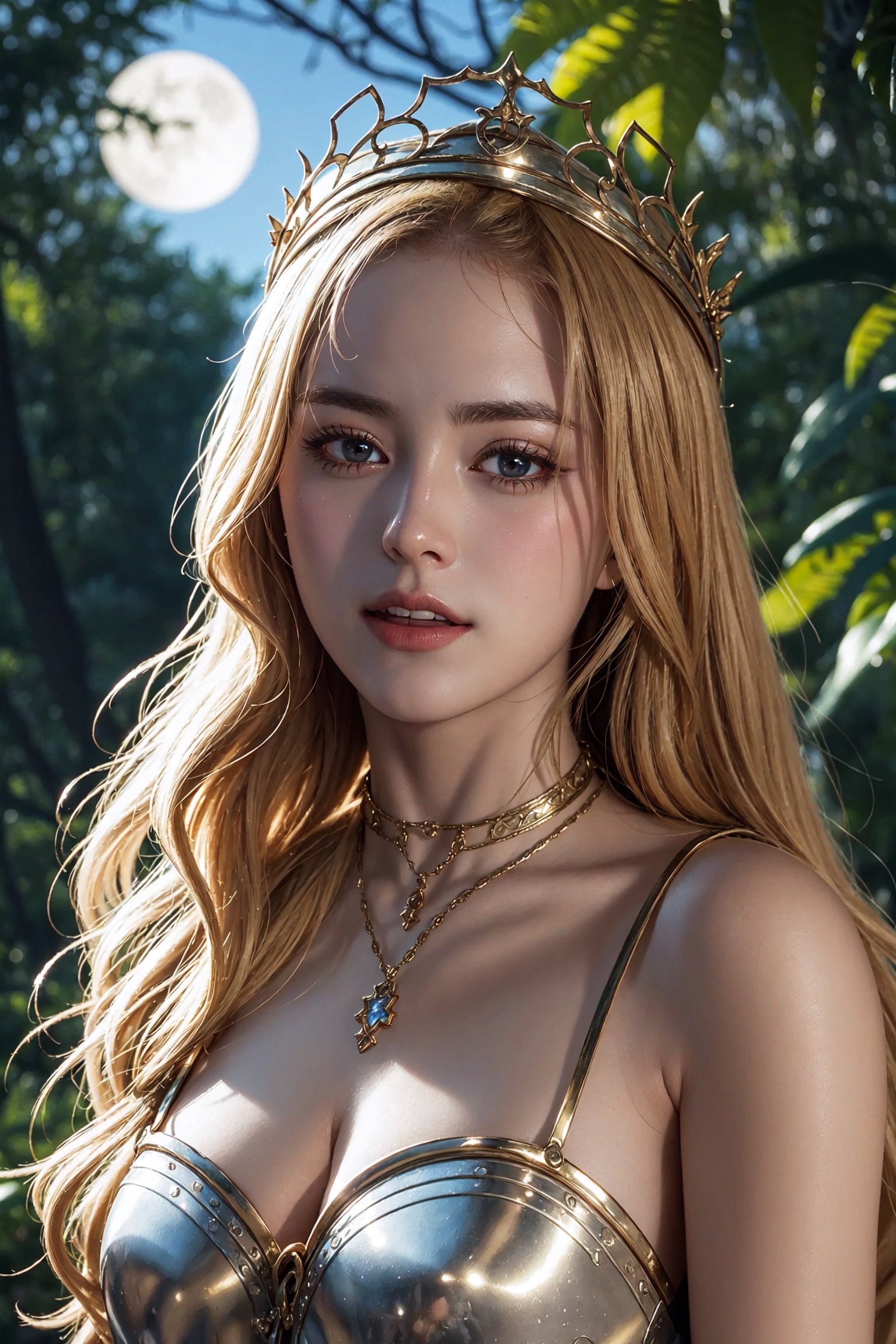 young cersei lannister, alone in the woods, game of thrones, masterpiece, best quality (detailed face, detailed skin texture, ultra detailed body), (cinematic light: 1.1), extremely detailed CG, unity 8k wallpaper, ultra detailed, very detailed, 1girl, long golden hair, detailed eyes, light up eyes, eyelashes, expression of pleasure on the face, smile, magical forest, long dress, white skin, shiny skin, oiled skin, full moon, night sky, night, clear sky, full moon, moonlight, 