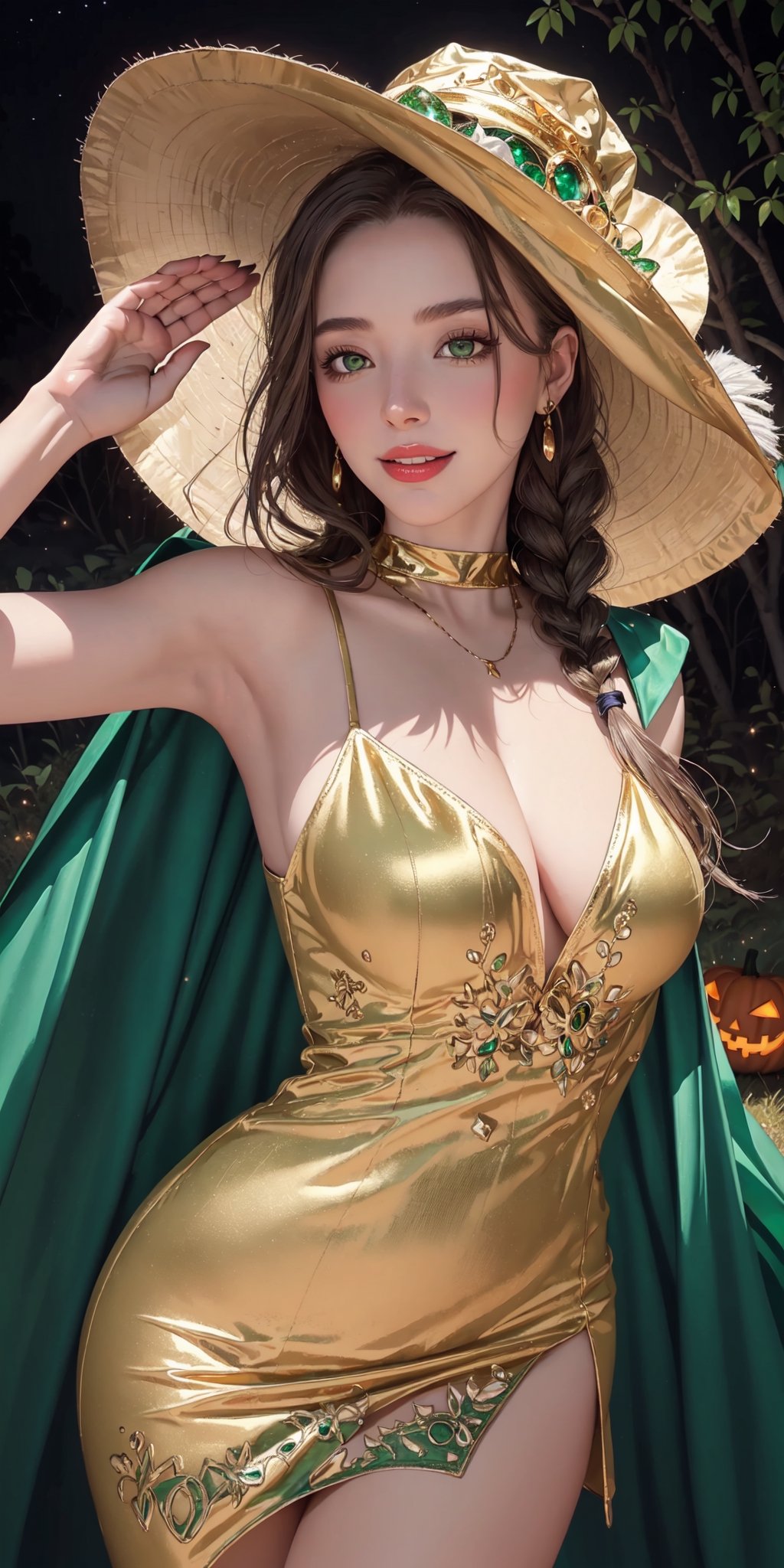 royal, princess, crown, atmospheric scene, masterpiece, best quality (detailed face, detailed skin texture, ultra detailed body), (cinematic light: 1.1), r0seb7rne-smf, extremely detailed CG, unity 8k wallpaper, ultra detailed, very detailed |


1girl, long golden hair, two braids, witch hat, black hat with green details, gold lipstick, emerald green eyes, glowing eyes, magical eyes, golden fire on the left eye, detailed eyes, light up eyes, eyelashes, expression of pleasure on the face, smile, magical forest, fireflies, distant town, skeletons, owl, owl, bats, halloween, Jack-o-lanterns illuminating a winding path as a background, white dress with gold details, long dress, sexy dress, neckline dress, green cape, ojas cape, green nails, white skin, shiny skin, oiled skin, floating magic symbols, full moon, night sky, night, clear sky, full moon, moonlight, blue color atmosphere , fog