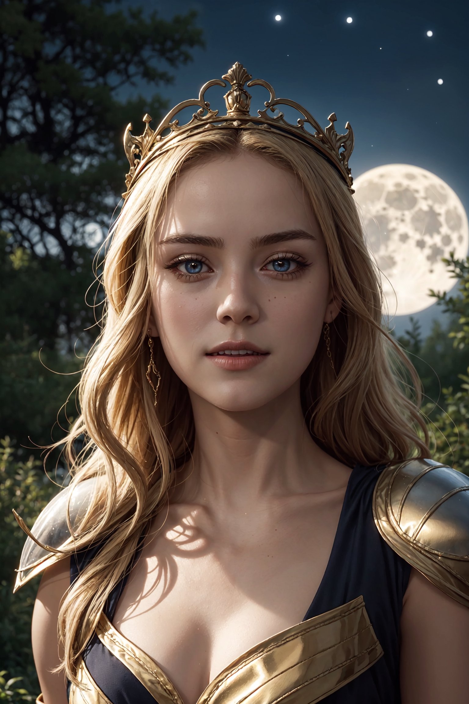 young cersei lannister, alone in the woods, game of thrones, masterpiece, best quality (detailed face, detailed skin texture, ultra detailed body), (cinematic light: 1.1), extremely detailed CG, unity 8k wallpaper, ultra detailed, very detailed, 1girl, long golden hair, detailed eyes, light up eyes, eyelashes, expression of pleasure on the face, smile, magical forest, long dress, white skin, shiny skin, oiled skin, full moon, night sky, night, clear sky, full moon, moonlight, 