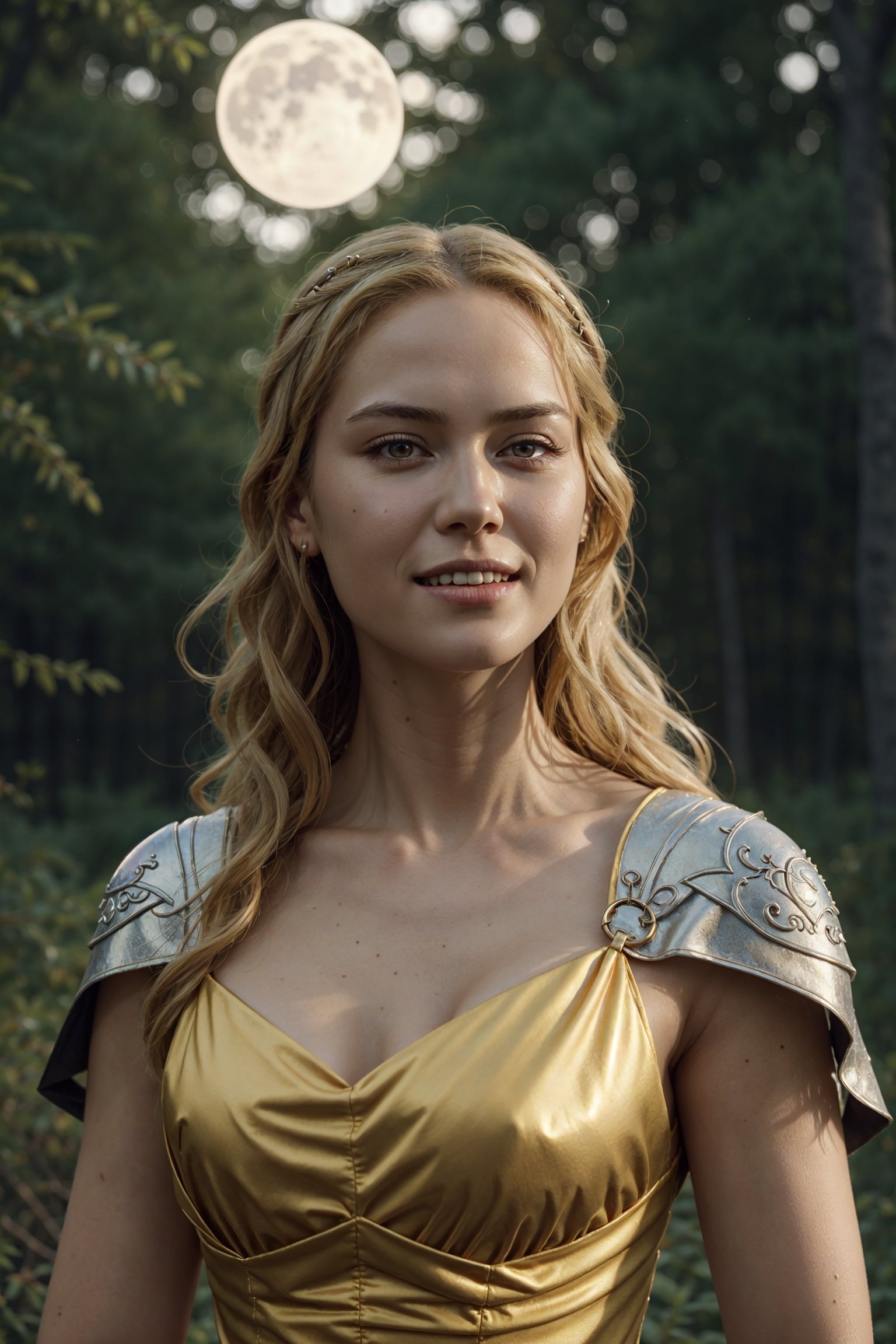 young cersei lannister, alone in the woods, game of thrones, masterpiece, best quality (detailed face, detailed skin texture, ultra detailed body), (cinematic light: 1.1), extremely detailed CG, unity 8k wallpaper, ultra detailed, very detailed, 1girl, long golden hair, detailed eyes, light up eyes, eyelashes, expression of pleasure on the face, smile, magical forest, long dress, white skin, shiny skin, oiled skin, full moon, night sky, night, clear sky, full moon, moonlight, 