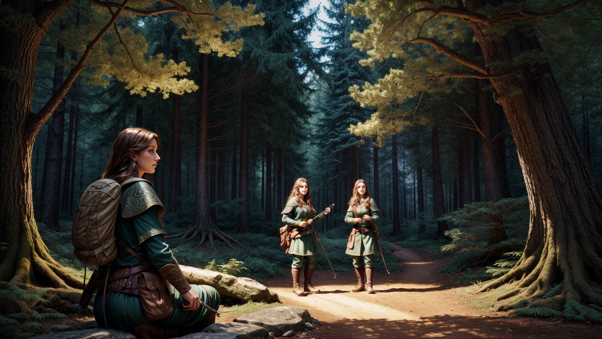 small group of adventurers exploring a forest, artistry illustration, (masterpiece), best quality, highres, 4k, 8k, Detailed Illustration, intricate detail, cinematic lighting, amazing quality, 1girl, fit female, amazing shading, soft lighting, facing camera, perfect eyes,FFIXBG