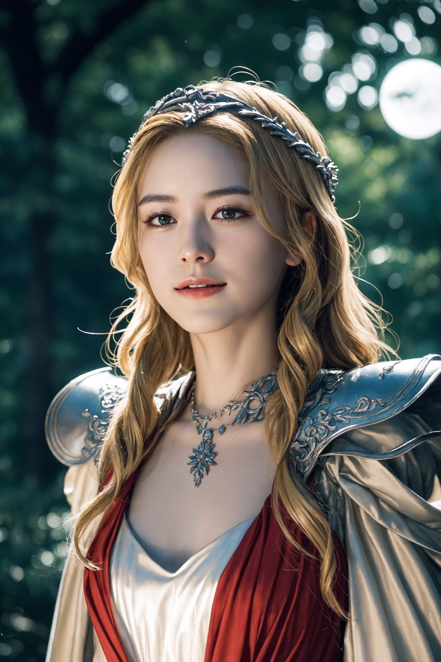 young cersei lannister, alone in the woods, game of thrones, masterpiece, best quality (detailed face, detailed skin texture, ultra detailed body), (cinematic light: 1.1), extremely detailed CG, unity 8k wallpaper, ultra detailed, very detailed, 1girl, long golden hair, detailed eyes, light up eyes, eyelashes, expression of pleasure on the face, smile, magical forest, long dress, white skin, shiny skin, oiled skin, full moon, night sky, night, clear sky, full moon, moonlight, 