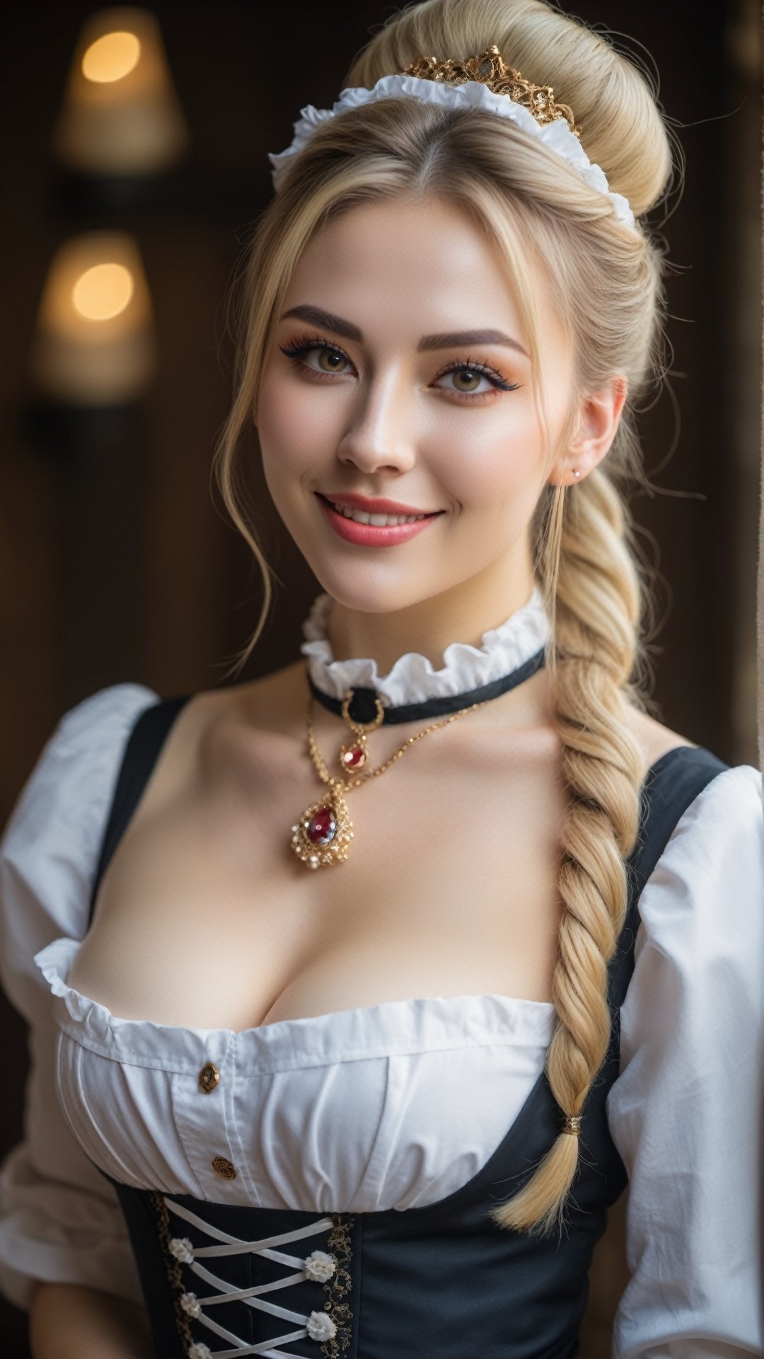 medieval, dlsr photo,8k, 1 busty cute 20 yo maid, smirk, light sparkling eyes, porcelain oiled skin, choker, long blond hair, bun hair, full body view, detailmaster2