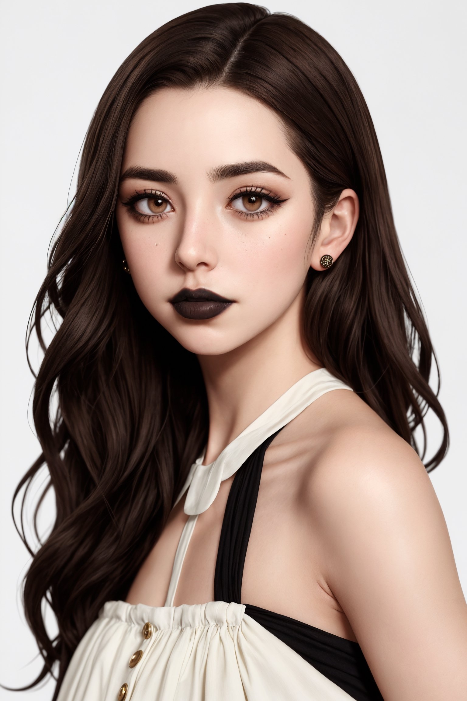 woman, adelaideKane, long brown hair, brown eyes, button nose, (black lipstick), full face makeup, cream colored full halter dress portrait, (high detailed skin:1.2), mid-twenty, white background, (medium shot:1.4),