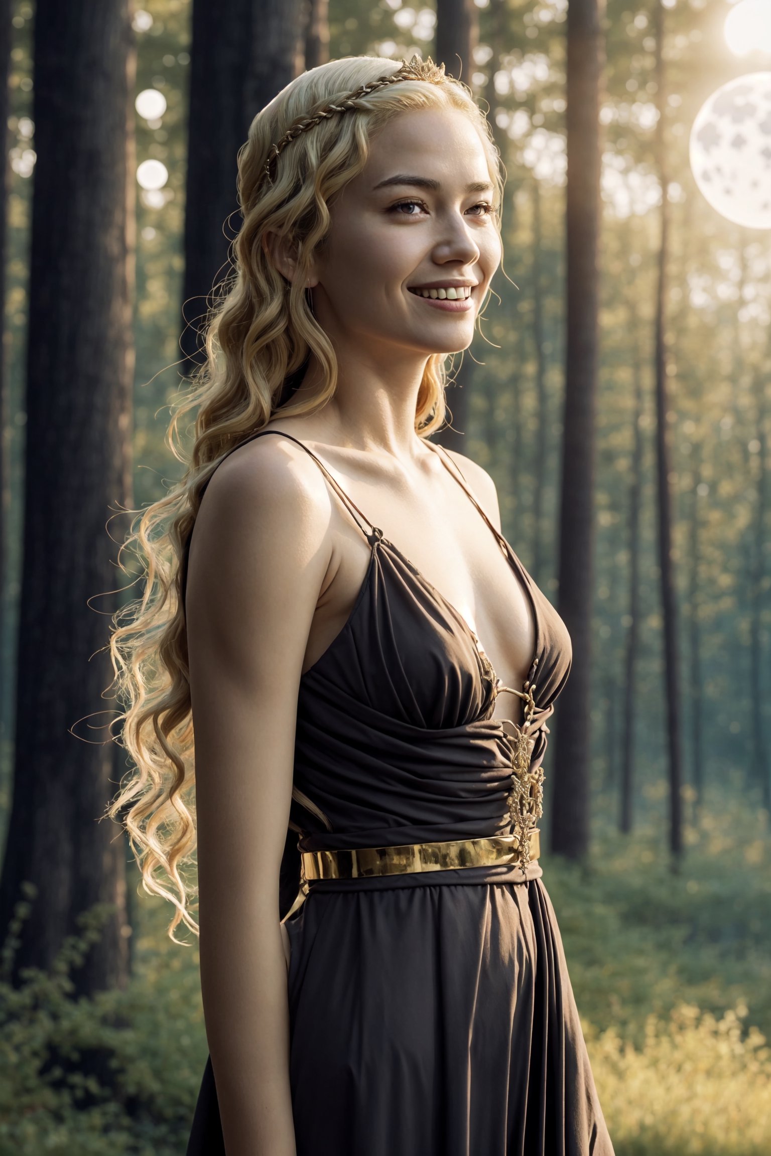 young cersei lannister, alone in the woods, game of thrones, masterpiece, best quality (detailed face, detailed skin texture, ultra detailed body), (cinematic light: 1.1), extremely detailed CG, unity 8k wallpaper, ultra detailed, very detailed, 1girl, long golden hair, detailed eyes, light up eyes, eyelashes, expression of pleasure on the face, smile, magical forest, long dress, white skin, shiny skin, oiled skin, full moon, night sky, night, clear sky, full moon, moonlight, 