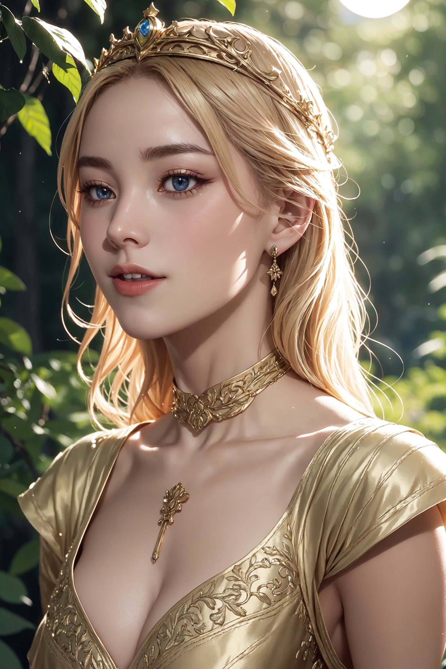 young cersei lannister, alone in the woods, game of thrones, masterpiece, best quality (detailed face, detailed skin texture, ultra detailed body), (cinematic light: 1.1), extremely detailed CG, unity 8k wallpaper, ultra detailed, very detailed, 1girl, long golden hair, detailed eyes, light up eyes, eyelashes, expression of pleasure on the face, smile, magical forest, long dress, white skin, shiny skin, oiled skin, full moon, night sky, night, clear sky, full moon, moonlight, 