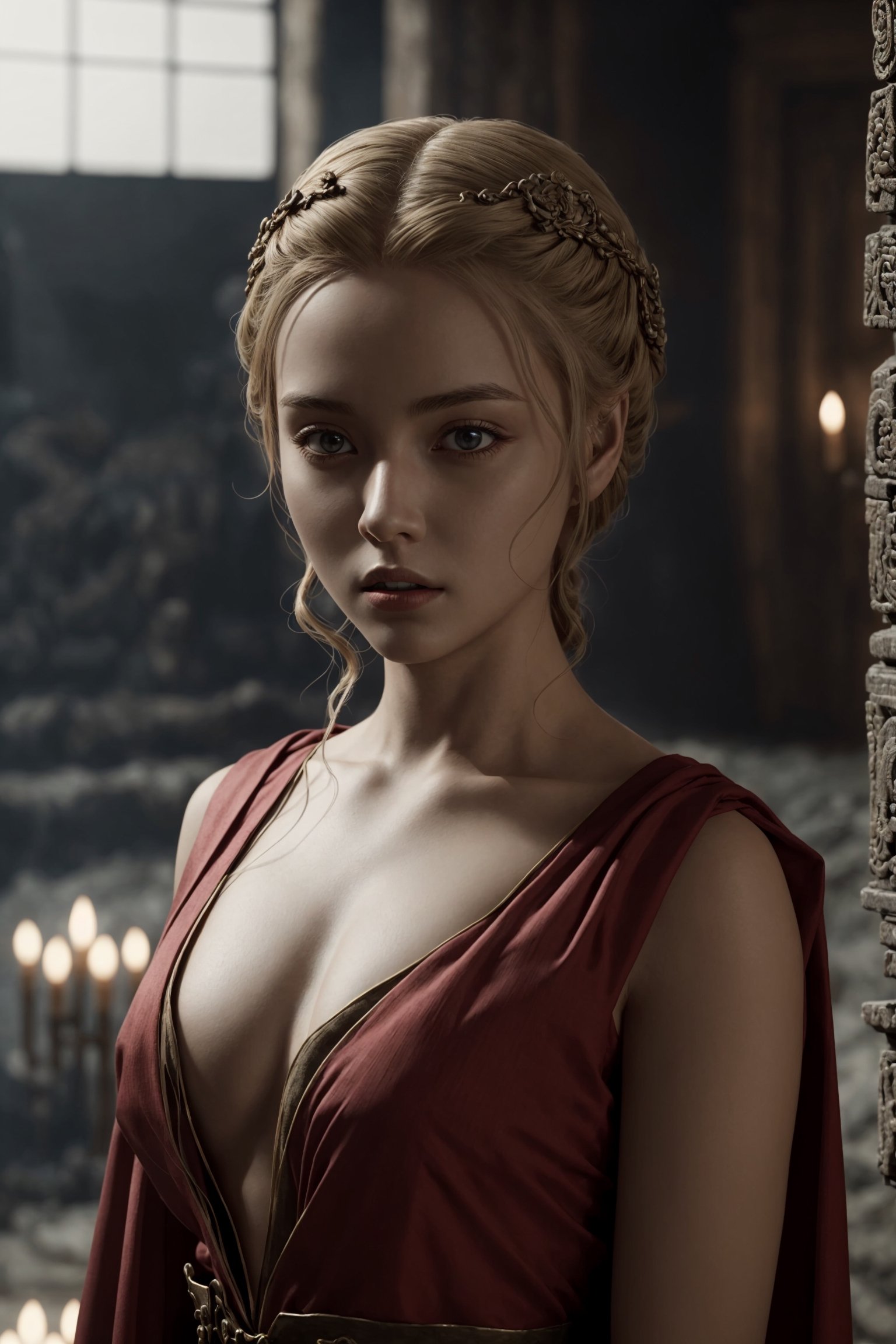 young red woman, red priest, in red temple, game of thrones, masterpiece, best quality (detailed face, detailed skin texture, ultra detailed body), (cinematic light: 1.1), very detailed, 1girl,