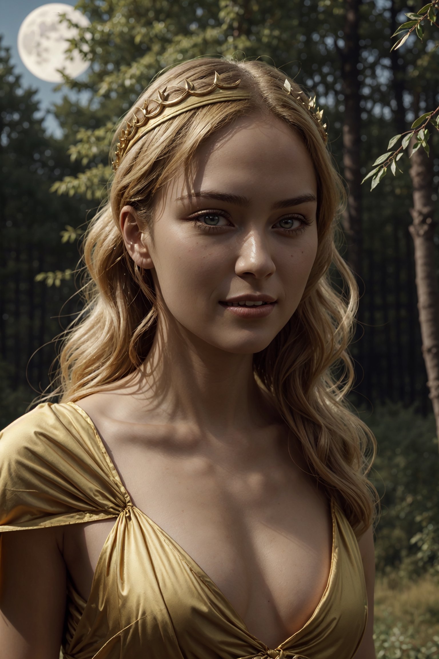 young cersei lannister, alone in the woods, game of thrones, masterpiece, best quality (detailed face, detailed skin texture, ultra detailed body), (cinematic light: 1.1), extremely detailed CG, unity 8k wallpaper, ultra detailed, very detailed, 1girl, long golden hair, detailed eyes, light up eyes, eyelashes, expression of pleasure on the face, smile, magical forest, long dress, white skin, shiny skin, oiled skin, full moon, night sky, night, clear sky, full moon, moonlight, 