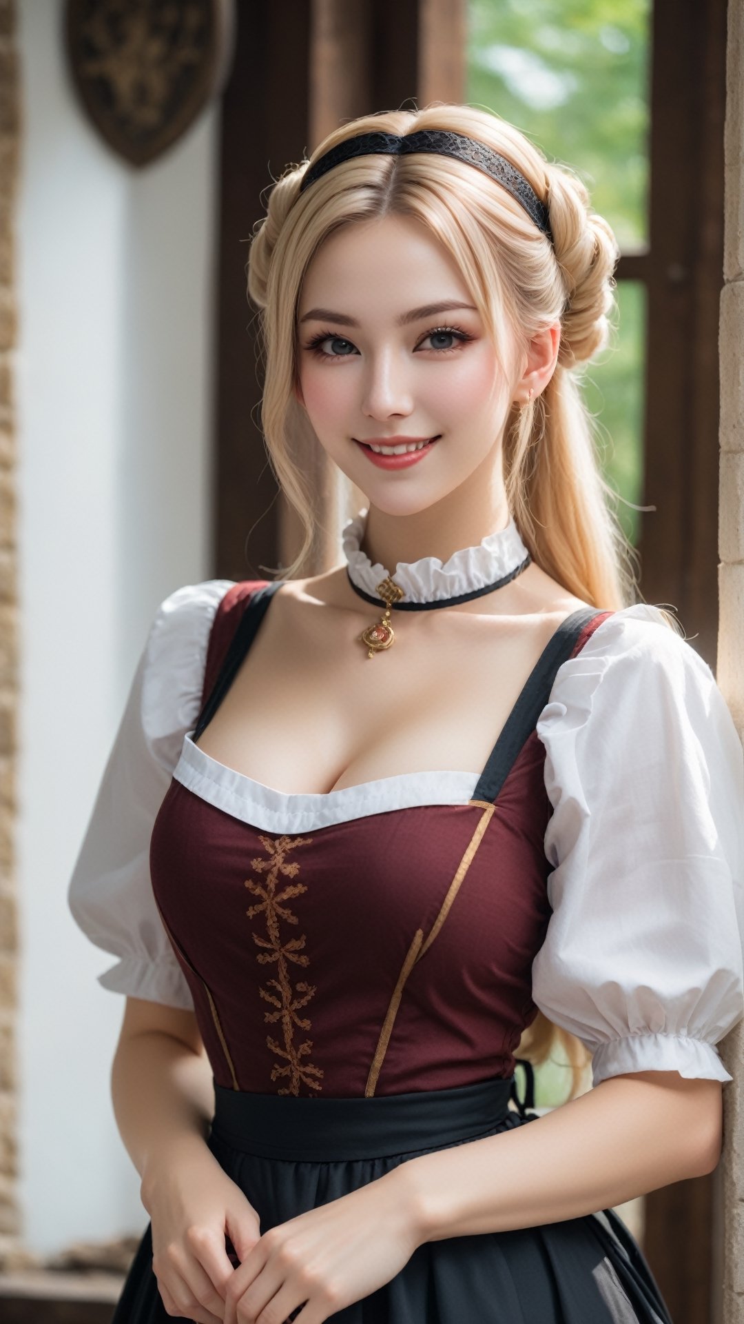 medieval, dlsr photo,8k, 1 busty cute 20 yo maid, smirk, light sparkling eyes, porcelain oiled skin, choker, long blond hair, bun hair, full body view, detailmaster2