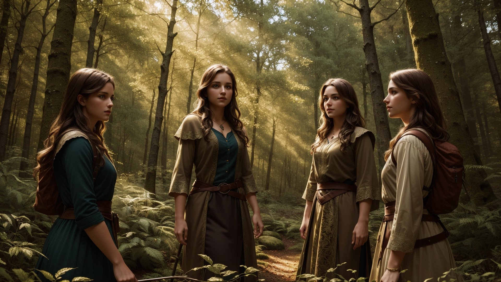 small group of adventurers exploring a forest, artistry illustration, (masterpiece), best quality, highres, 4k, 8k, Detailed Illustration, intricate detail, cinematic lighting, amazing quality, 1girl, fit female, amazing shading, soft lighting, facing camera, perfect eyes