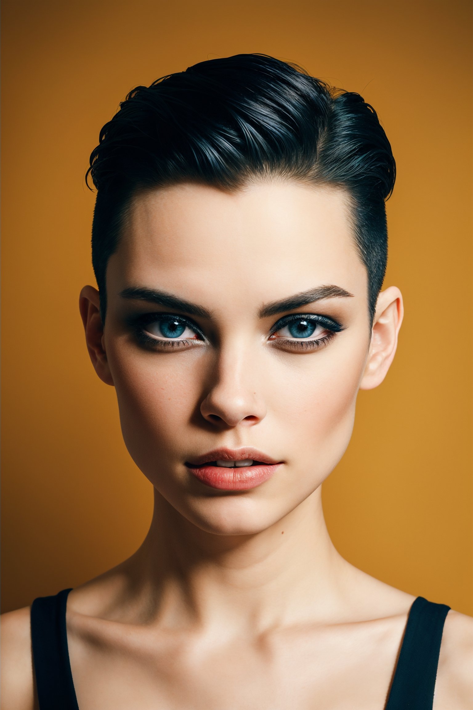 A dramatic portrait of a young woman with a stylish haircut and piercing eyes. The photo is shot in a high-contrast style, with strong shadows and highlights, emphasizing the model's sharp features. The photo was taken with a film camera, using a fast prime lens, which gives the image a gritty and raw feel. The portrait is perfect for use in fashion magazines, advertising campaigns, or as a striking wall art print.