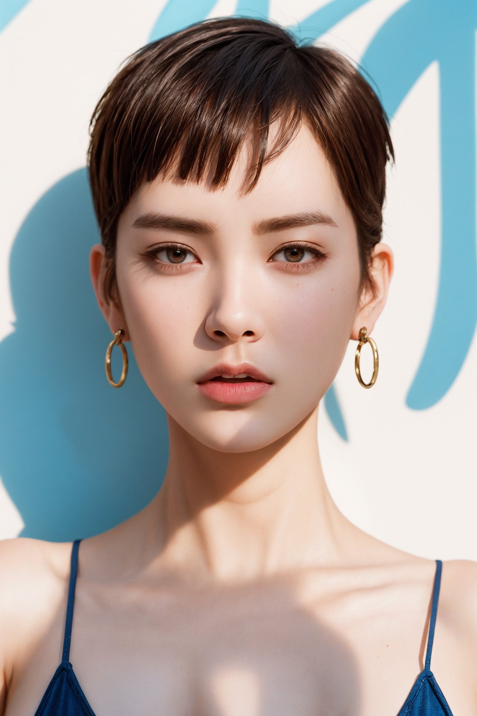 A dramatic portrait of a young woman with a stylish haircut and piercing eyes. The photo is shot in a high-contrast style, with strong shadows and highlights, emphasizing the model's sharp features. The photo was taken with a film camera, using a fast prime lens, which gives the image a gritty and raw feel. The portrait is perfect for use in fashion magazines, advertising campaigns, or as a striking wall art print.