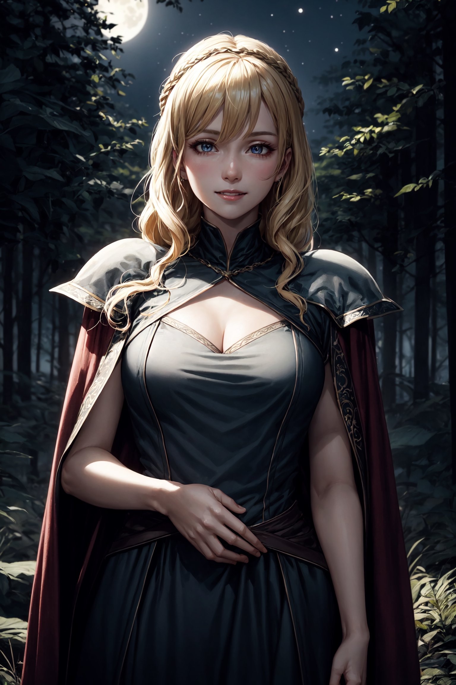 young cersei lannister, alone in the woods, game of thrones, masterpiece, best quality (detailed face, detailed skin texture, ultra detailed body), (cinematic light: 1.1), extremely detailed CG, unity 8k wallpaper, ultra detailed, very detailed, 1girl, long golden hair, detailed eyes, light up eyes, eyelashes, expression of pleasure on the face, smile, magical forest, long dress, white skin, shiny skin, oiled skin, full moon, night sky, night, clear sky, full moon, moonlight, 