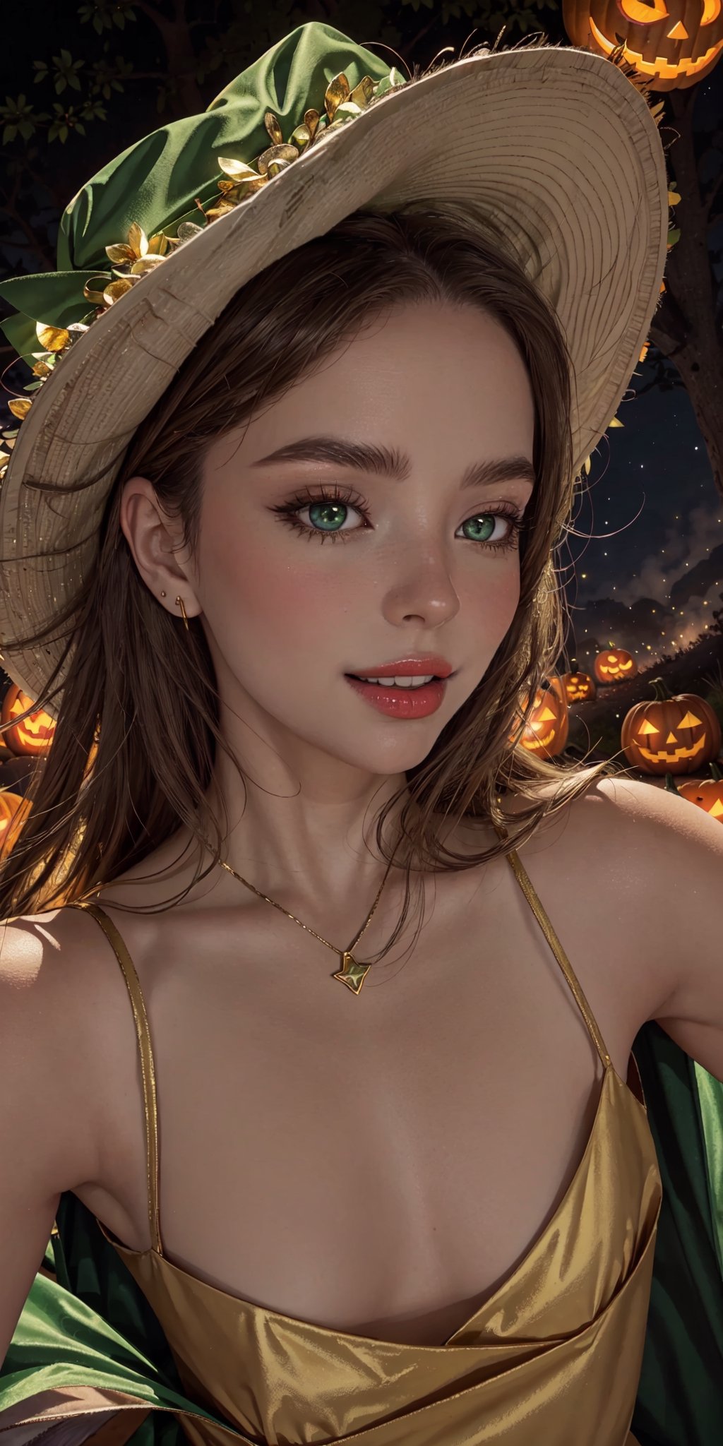 royal, princess, crown, atmospheric scene, masterpiece, best quality (detailed face, detailed skin texture, ultra detailed body), (cinematic light: 1.1), r0seb7rne-smf, extremely detailed CG, unity 8k wallpaper, ultra detailed, very detailed |


1girl, long golden hair, two braids, witch hat, black hat with green details, gold lipstick, emerald green eyes, glowing eyes, magical eyes, golden fire on the left eye, detailed eyes, light up eyes, eyelashes, expression of pleasure on the face, smile, magical forest, fireflies, distant town, skeletons, owl, owl, bats, halloween, Jack-o-lanterns illuminating a winding path as a background, white dress with gold details, long dress, sexy dress, neckline dress, green cape, ojas cape, green nails, white skin, shiny skin, oiled skin, floating magic symbols, full moon, night sky, night, clear sky, full moon, moonlight, blue color atmosphere , fog