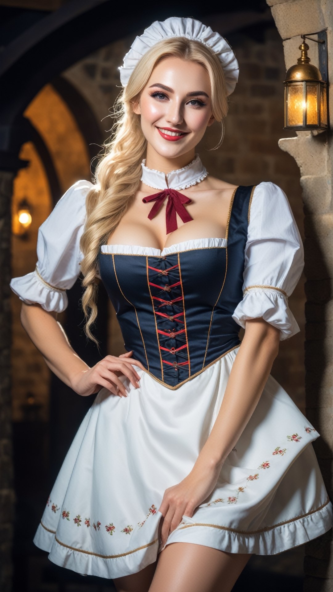 medieval, dlsr photo,8k, 1 busty cute 20 yo maid, smirk, light sparkling eyes, porcelain oiled skin, choker, long blond hair, bun hair, full body view, detailmaster2