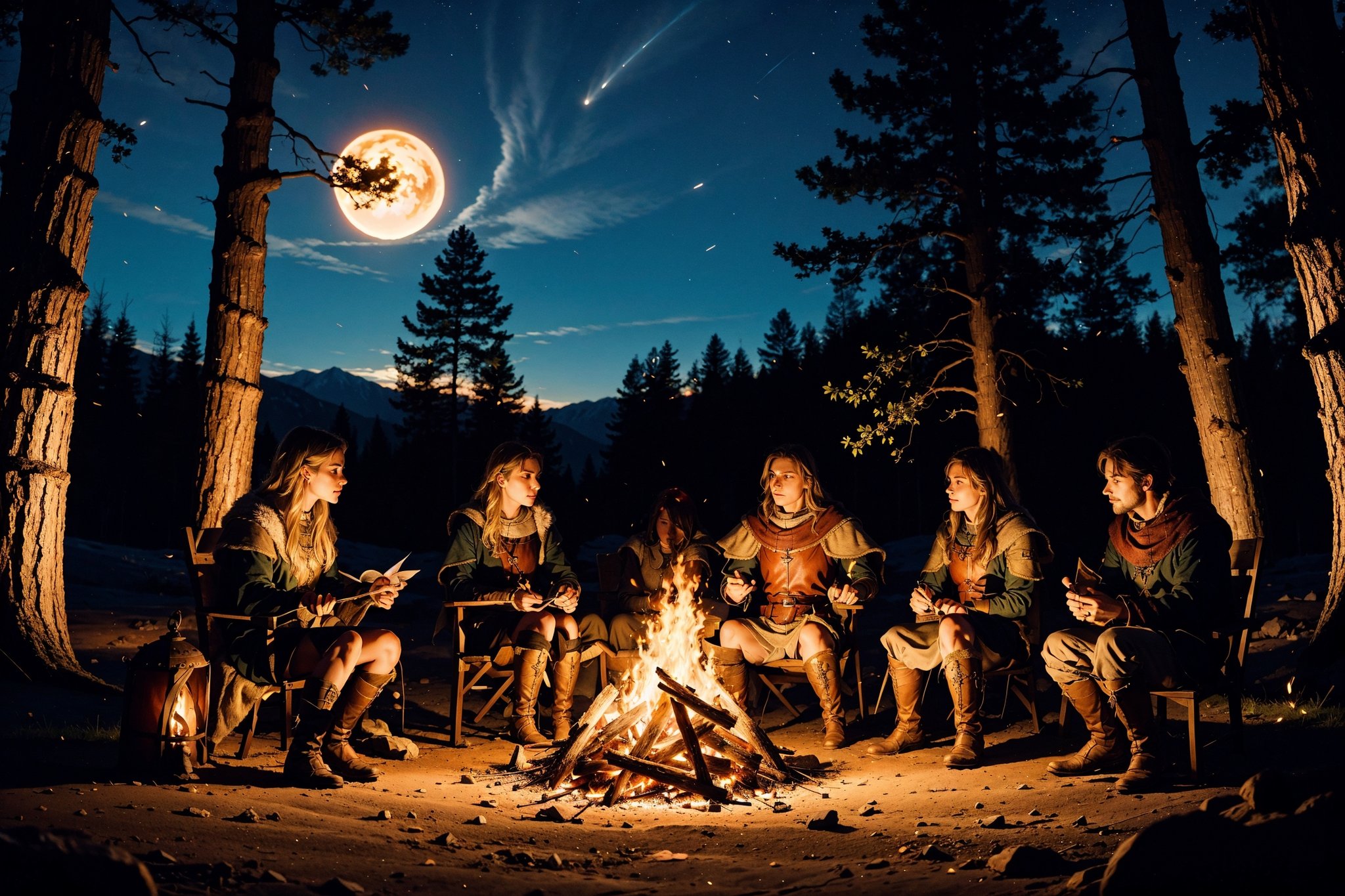 a group of fantasy medieval traveler in a campfire, windy night, cold nights, medieval fantasy forest, cinematic