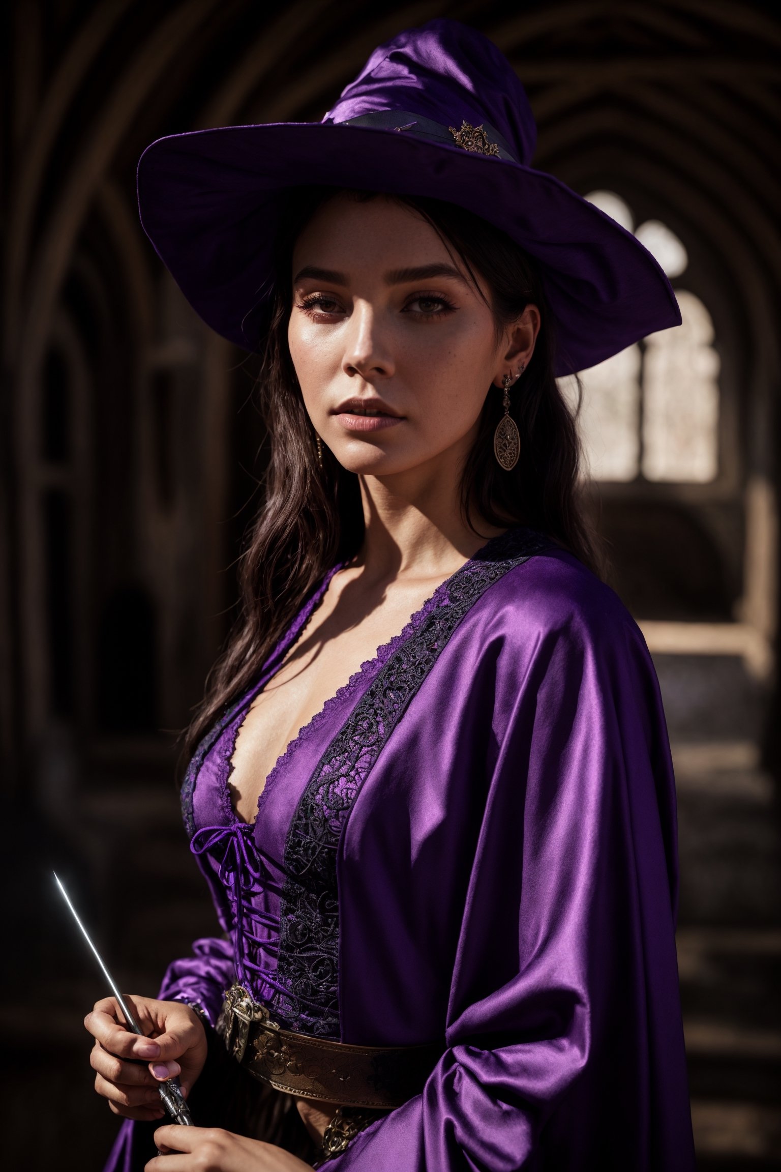 dalcefo, (a medieval witch in purple clothes), 1girl, modelshoot style, intricate details, masterpiece, cinematic lighting, dramatic, trending on artstation, highly detailed body, highly detailed face, ultra resolution, painting art by greg rutkowski and ruan jia, ilya kuvshinov fantasy ambiance