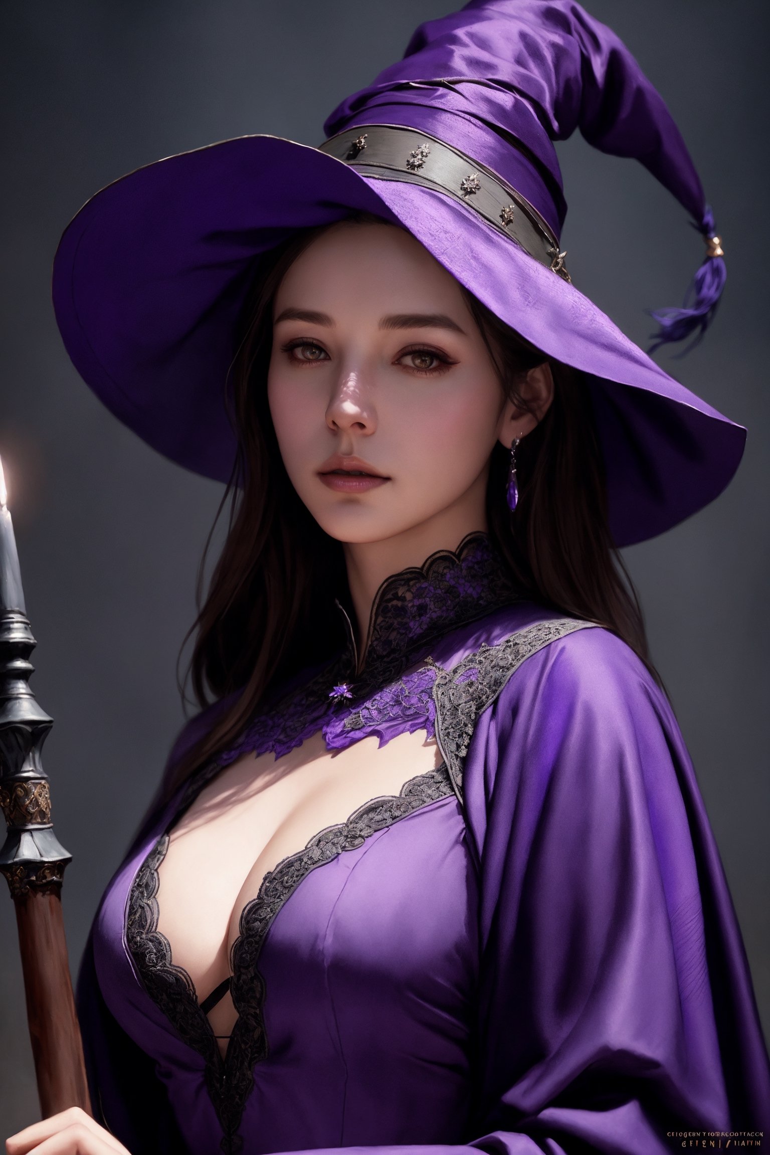 dalcefo, (a medieval witch in purple clothes), 1girl, modelshoot style, intricate details, masterpiece, cinematic lighting, dramatic, trending on artstation, highly detailed body, highly detailed face, ultra resolution, painting art by greg rutkowski and ruan jia, ilya kuvshinov fantasy ambiance