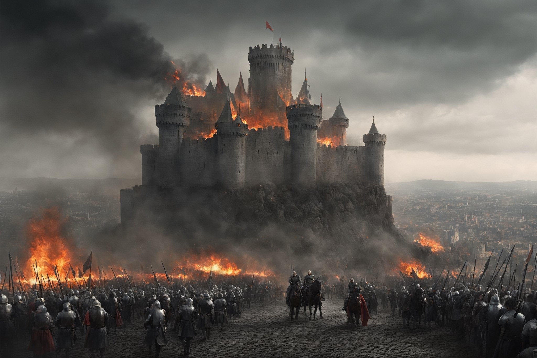 a big castle in a siege, cinematic shot, sorrounded by army, fire everywhere, medieval castle, medieval targaryen army, a big city in the background, gloomy sky, greg rutkowski