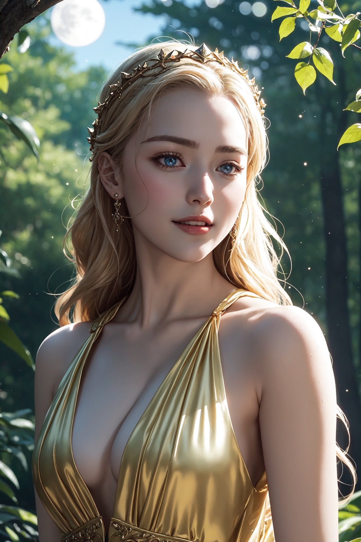 young cersei lannister, alone in the woods, game of thrones, masterpiece, best quality (detailed face, detailed skin texture, ultra detailed body), (cinematic light: 1.1), extremely detailed CG, unity 8k wallpaper, ultra detailed, very detailed, 1girl, long golden hair, detailed eyes, light up eyes, eyelashes, expression of pleasure on the face, smile, magical forest, long dress, white skin, shiny skin, oiled skin, full moon, night sky, night, clear sky, full moon, moonlight, 