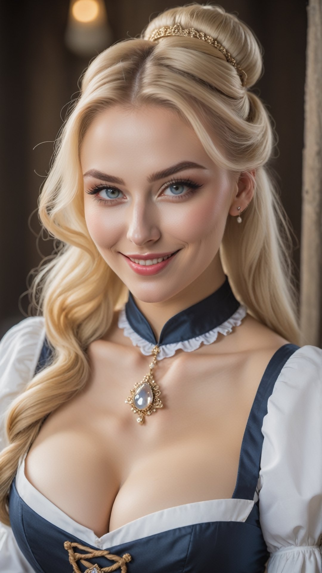 medieval, dlsr photo,8k, 1 busty cute 20 yo maid, smirk, light sparkling eyes, porcelain oiled skin, choker, long blond hair, bun hair,detailmaster2