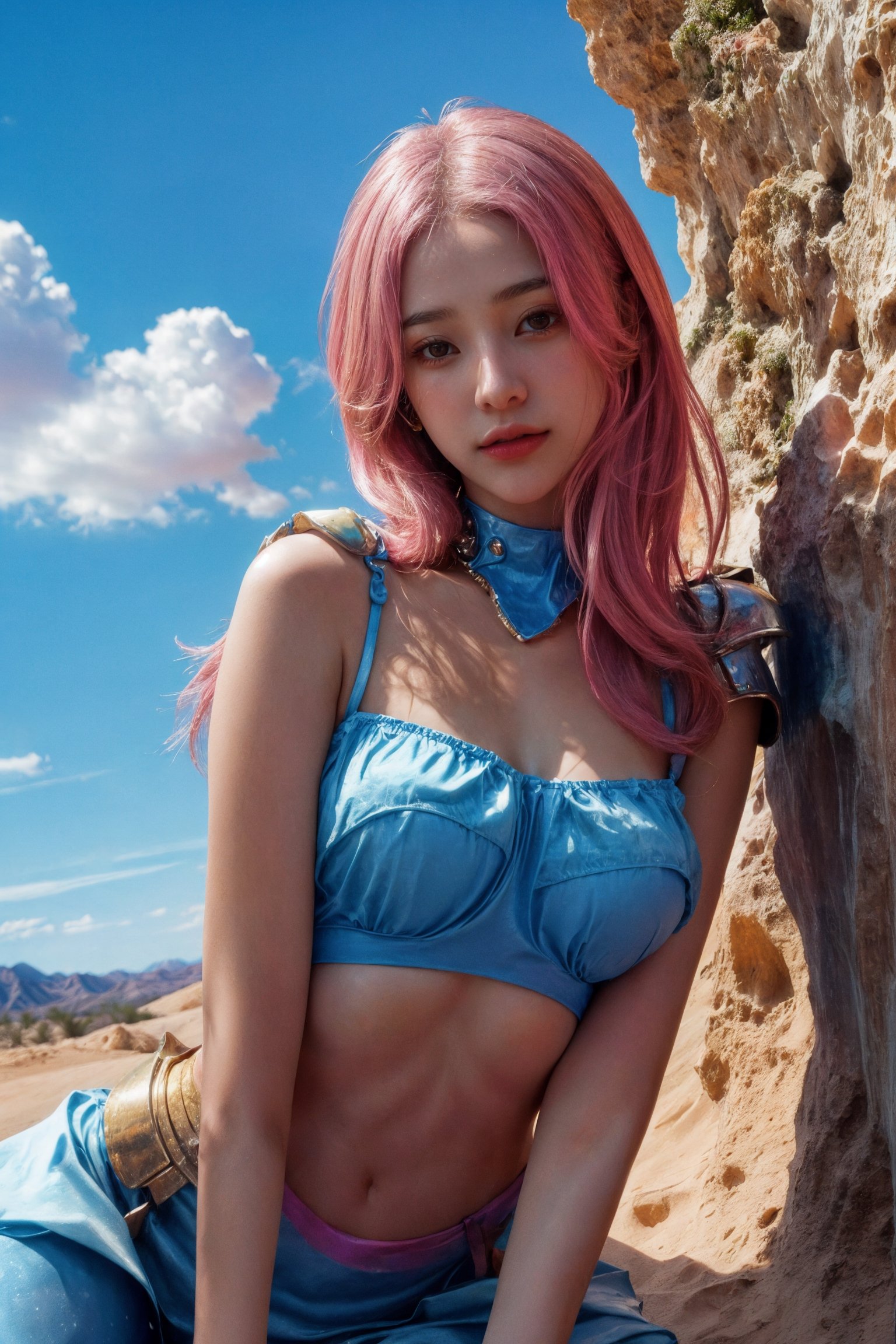 A young woman called chole with long, pink hair stands in a desert landscape( wearing space armored costume:1.2) . She is facing the camera and her arms are slightly raised above her head. Her abdomen is exposed and she has a brassiere on. The sky behind her is bright blue with some wispy clouds scattered throughout. On the ground around her there appears to be sand or dirt, and there is an orange-brown hue to the background of the image. A faint blue light illuminates from just below her chest area, adding an ethereal quality to the photo. Photorealistic, Hyperrealistic, Hyperdetailed, analog style, soft lighting, subsurface scattering, realistic, heavy shadow, masterpiece, best quality, ultra realistic, 8k, golden ratio, Intricate, High Detail, film photography, soft focus
,v4ni4,b3rli,n0t,ti4r4,4nya