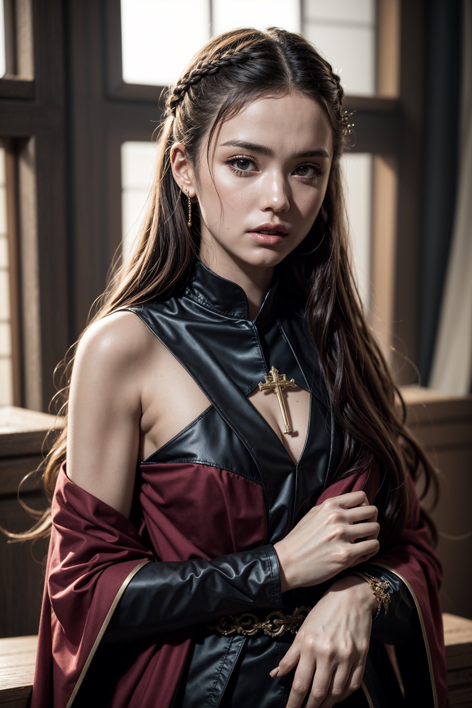 young red woman, red priest, in red temple, game of thrones, masterpiece, best quality (detailed face, detailed skin texture, ultra detailed body), (cinematic light: 1.1), very detailed, 1girl,