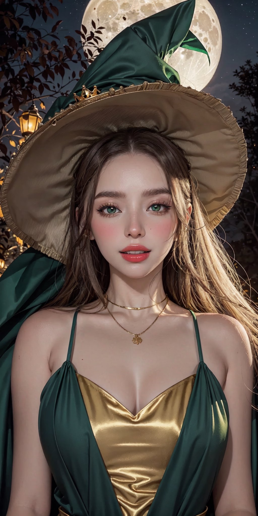 royal, princess, crown, atmospheric scene, masterpiece, best quality (detailed face, detailed skin texture, ultra detailed body), (cinematic light: 1.1), r0seb7rne-smf, extremely detailed CG, unity 8k wallpaper, ultra detailed, very detailed |


1girl, long golden hair, two braids, witch hat, black hat with green details, gold lipstick, emerald green eyes, glowing eyes, magical eyes, golden fire on the left eye, detailed eyes, light up eyes, eyelashes, expression of pleasure on the face, smile, magical forest, fireflies, distant town, skeletons, owl, owl, bats, halloween, Jack-o-lanterns illuminating a winding path as a background, white dress with gold details, long dress, sexy dress, neckline dress, green cape, ojas cape, green nails, white skin, shiny skin, oiled skin, floating magic symbols, full moon, night sky, night, clear sky, full moon, moonlight, blue color atmosphere , fog