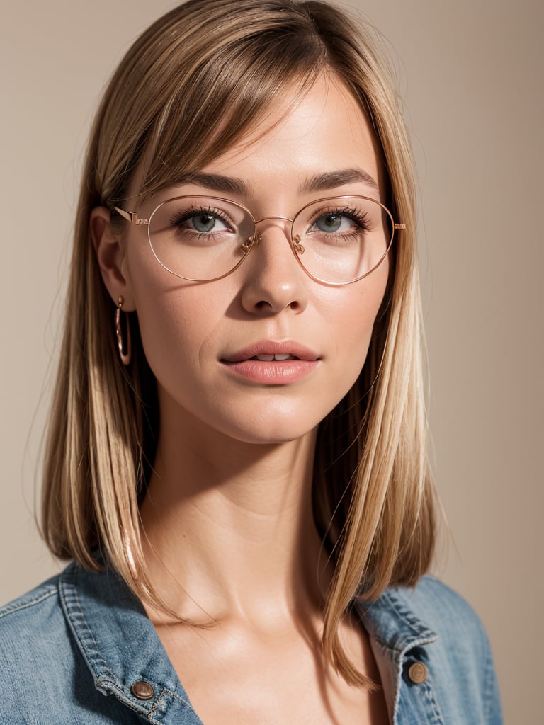 studio portrait of a young woman, id card portrait, blonde hair, rounded glasses, semi rimmed glasses, rose gold frame, fair skin, studio lighting