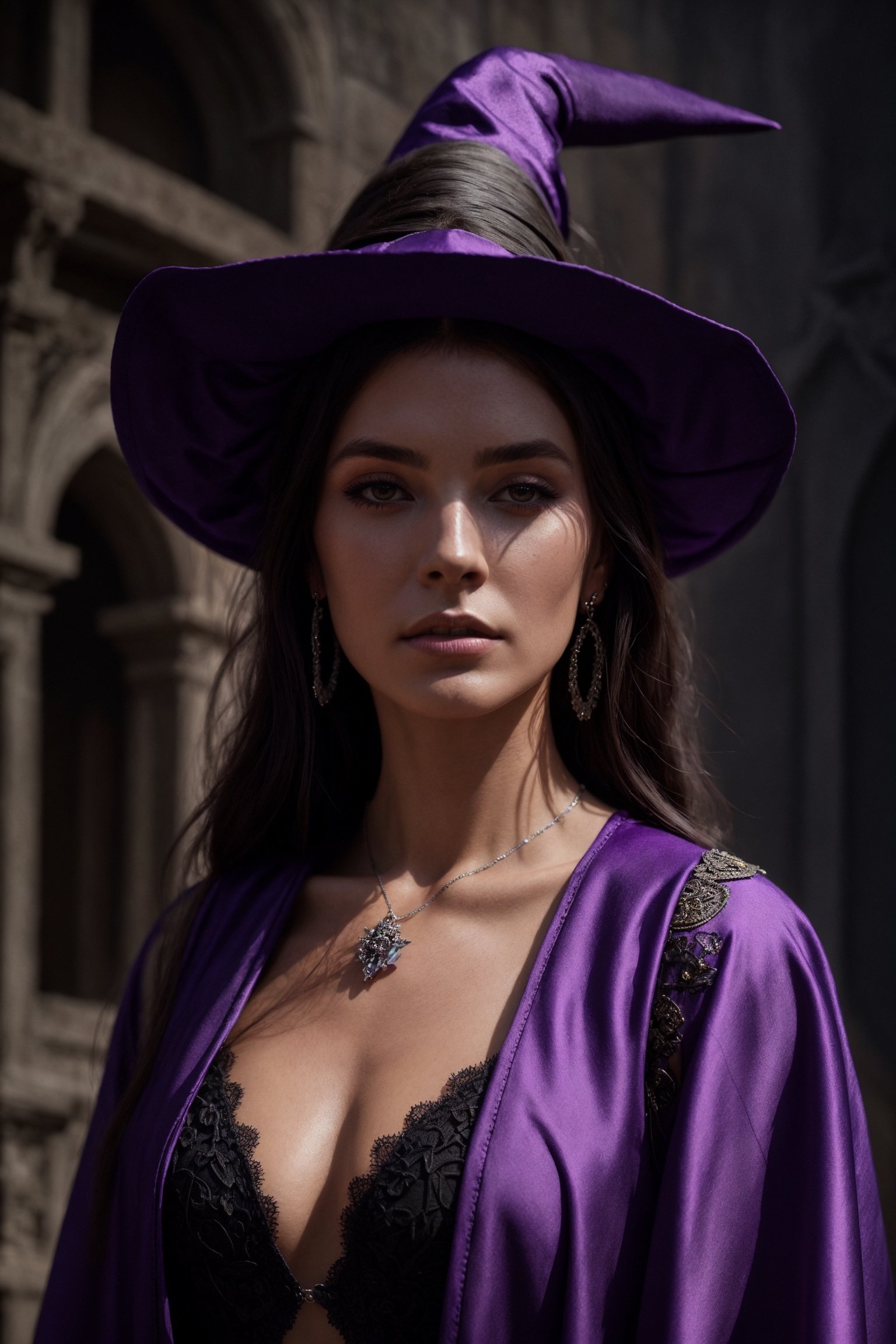 dalcefo, (a medieval witch in purple clothes), 1girl, modelshoot style, intricate details, masterpiece, cinematic lighting, dramatic, trending on artstation, highly detailed body, highly detailed face, ultra resolution, painting art by greg rutkowski and ruan jia, ilya kuvshinov fantasy ambiance