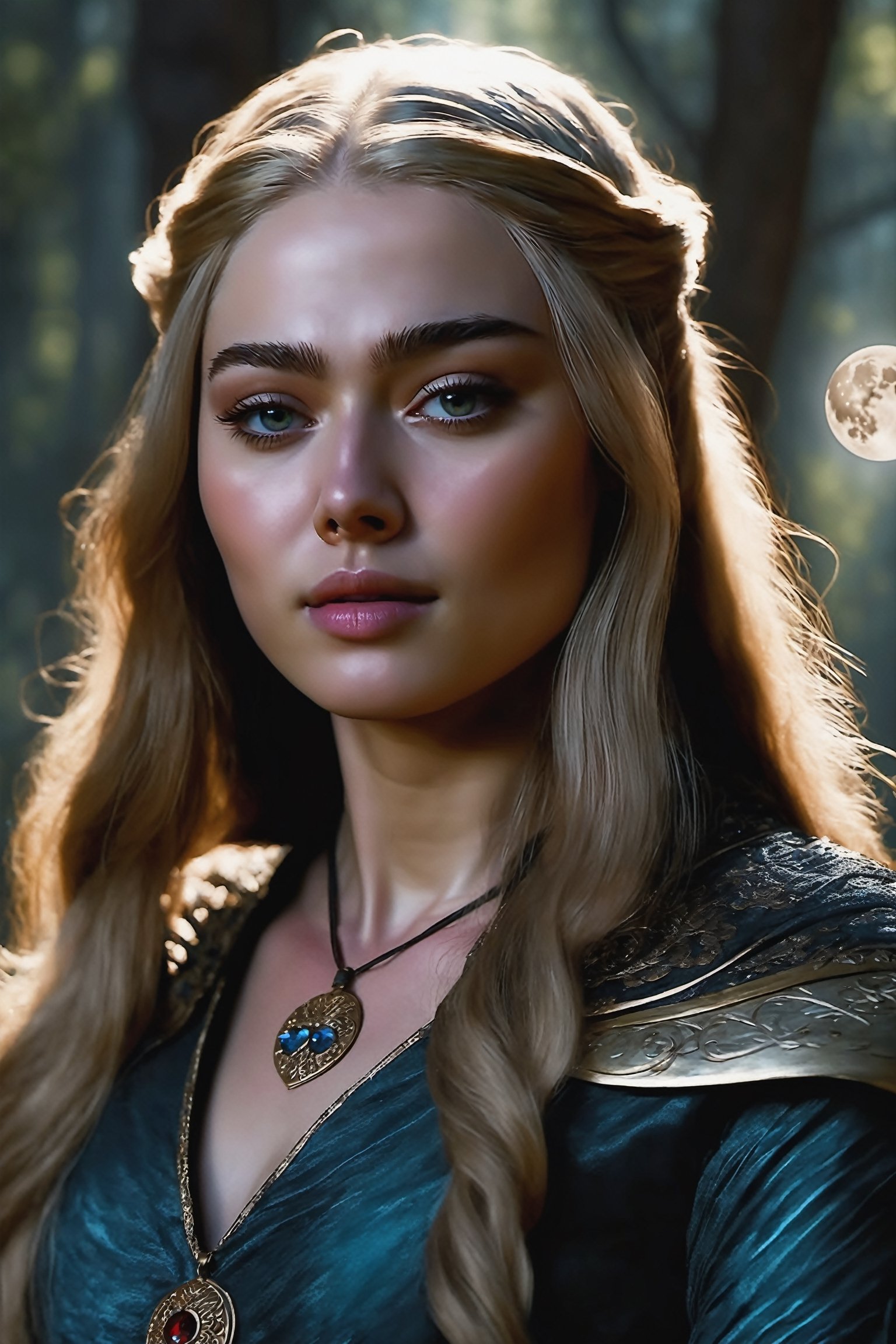 young cersei lannister, alone in the woods, game of thrones, masterpiece, best quality (detailed face, detailed skin texture, ultra detailed body), (cinematic light: 1.1), extremely detailed CG, unity 8k wallpaper, ultra detailed, very detailed, 1girl, long golden hair, detailed eyes, light up eyes, eyelashes, expression of pleasure on the face, smile, magical forest, long dress, white skin, shiny skin, oiled skin, full moon, night sky, night, clear sky, full moon, moonlight, 