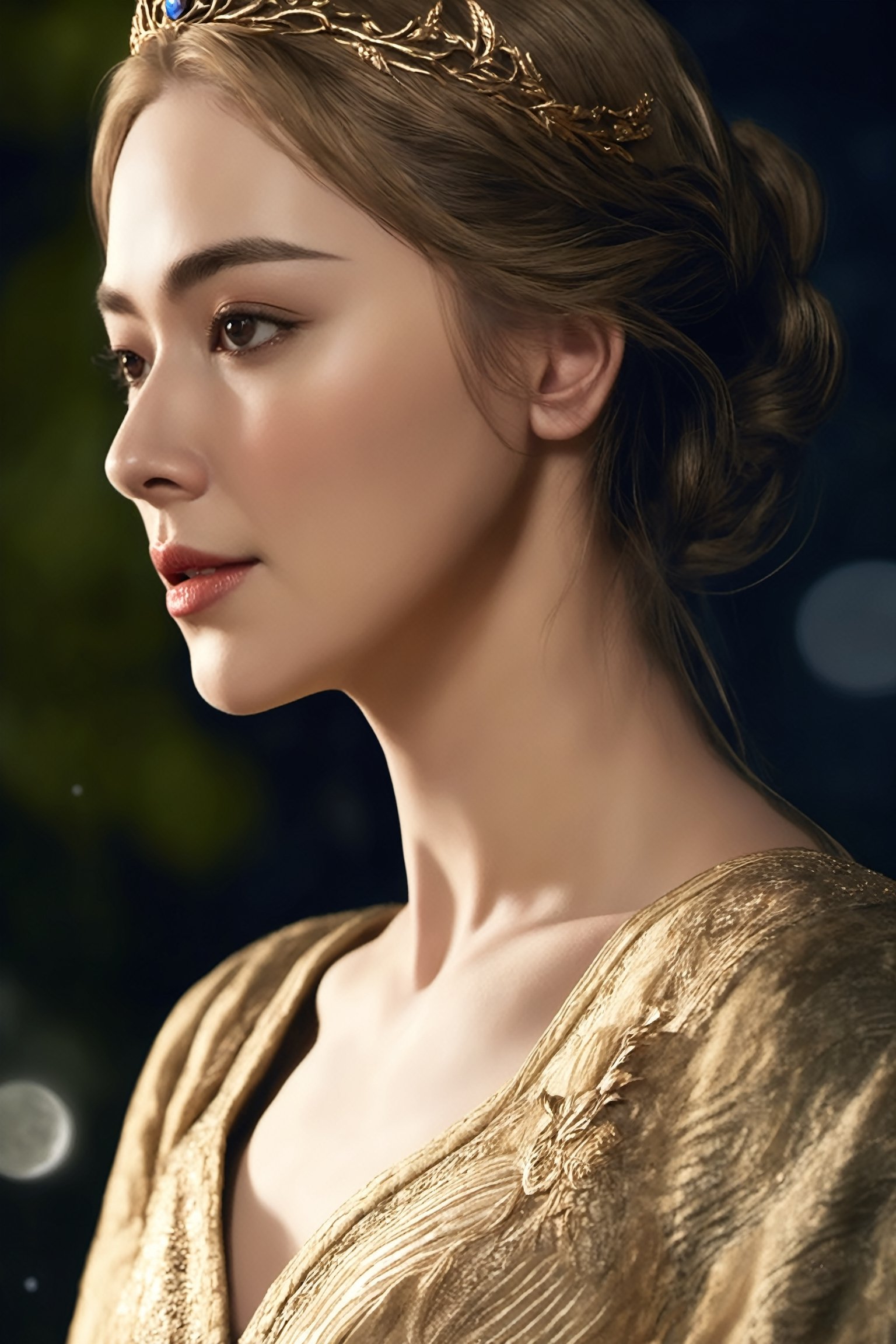 young cersei lannister, alone in the woods, game of thrones, masterpiece, best quality (detailed face, detailed skin texture, ultra detailed body), (cinematic light: 1.1), extremely detailed CG, unity 8k wallpaper, ultra detailed, very detailed, 1girl, long golden hair, detailed eyes, light up eyes, eyelashes, expression of pleasure on the face, smile, magical forest, long dress, white skin, shiny skin, oiled skin, full moon, night sky, night, clear sky, full moon, moonlight, 