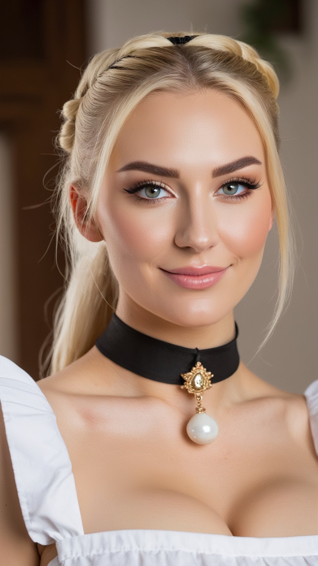 medieval, dlsr photo,8k, 1 busty cute 20 yo maid , smirk, light sparkling eyes, porcelain oiled skin, choker, long blond hair, bun hair, focus