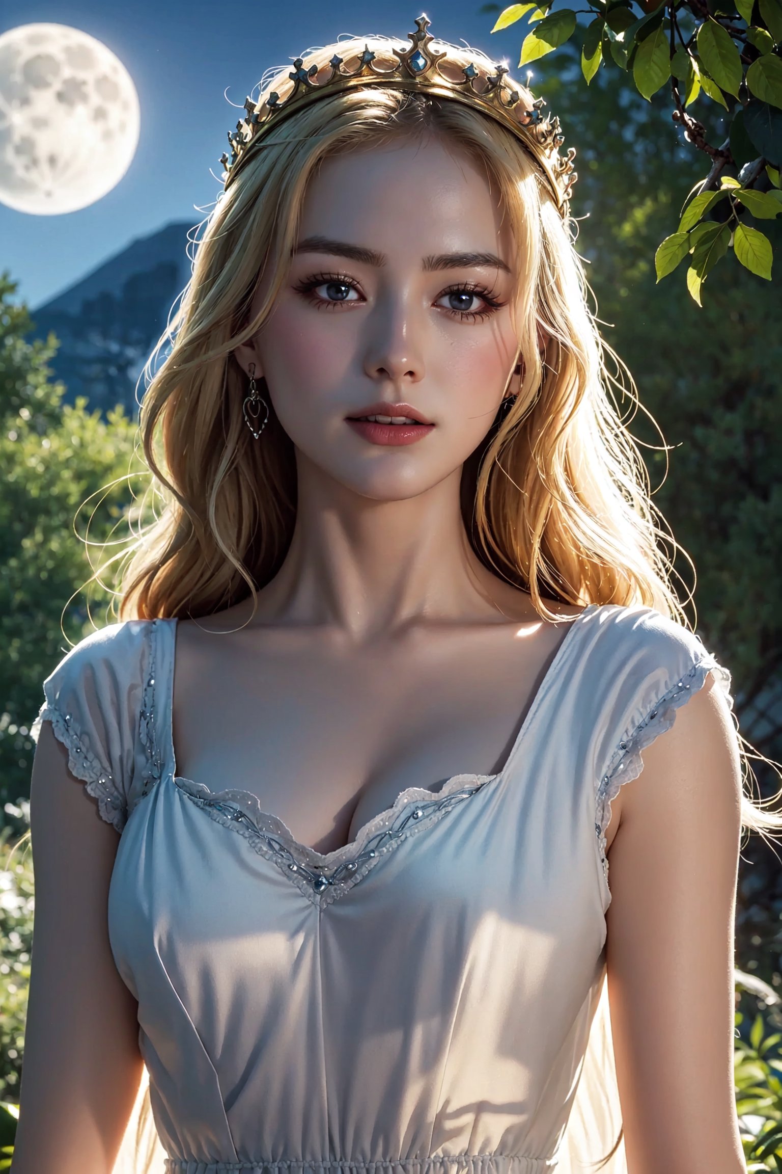 young cersei lannister, alone in the woods, game of thrones, masterpiece, best quality (detailed face, detailed skin texture, ultra detailed body), (cinematic light: 1.1), extremely detailed CG, unity 8k wallpaper, ultra detailed, very detailed, 1girl, long golden hair, detailed eyes, light up eyes, eyelashes, expression of pleasure on the face, smile, magical forest, long dress, white skin, shiny skin, oiled skin, full moon, night sky, night, clear sky, full moon, moonlight, 