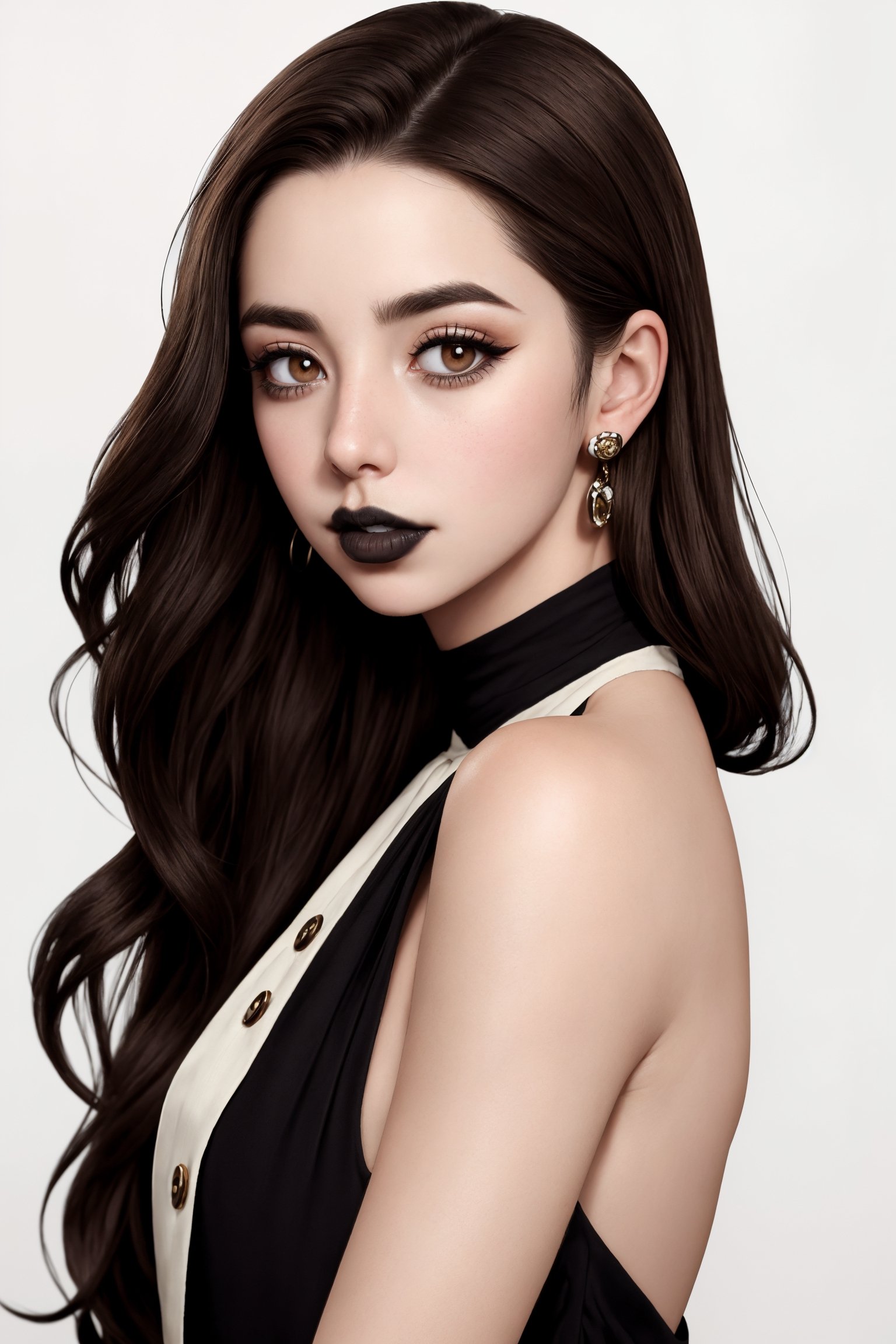 woman, adelaideKane, long brown hair, brown eyes, button nose, (black lipstick), full face makeup, cream colored full halter dress portrait, (high detailed skin:1.2), mid-twenty, white background, (medium shot:1.4),