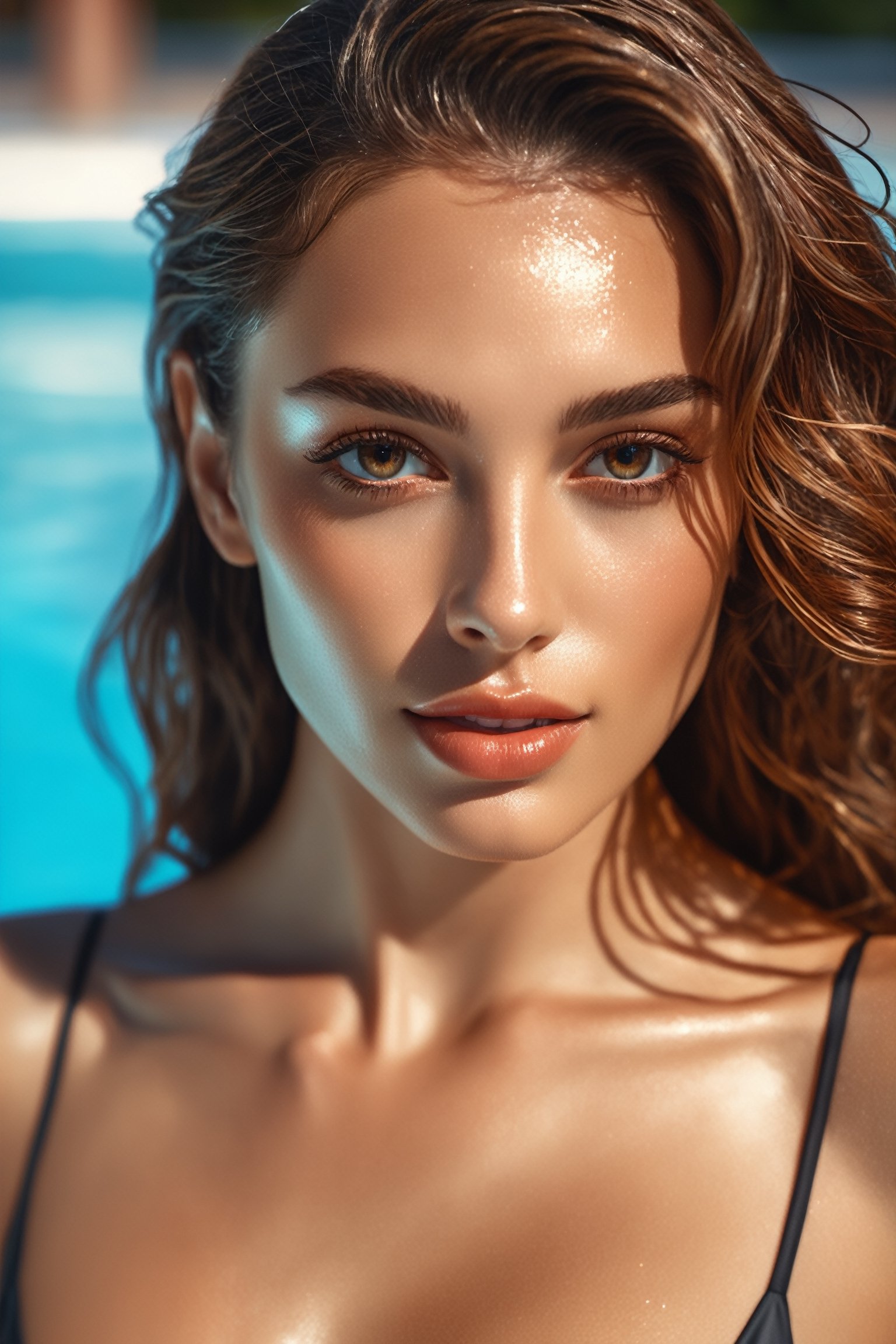 (full_body:1.2), best quality, (8k, RAW photo, best quality, masterpiece:1.2), (realistic, photo-realistic:1.4), ultra-detailed, perfect detail, looking at the viewer, lite makeup, seductive French lady wearing a bathing suit on an outdoor pool, wet skin, light reflections, angled jawline, half body shot, long wavy lite brown hair, reddish tanned skin
