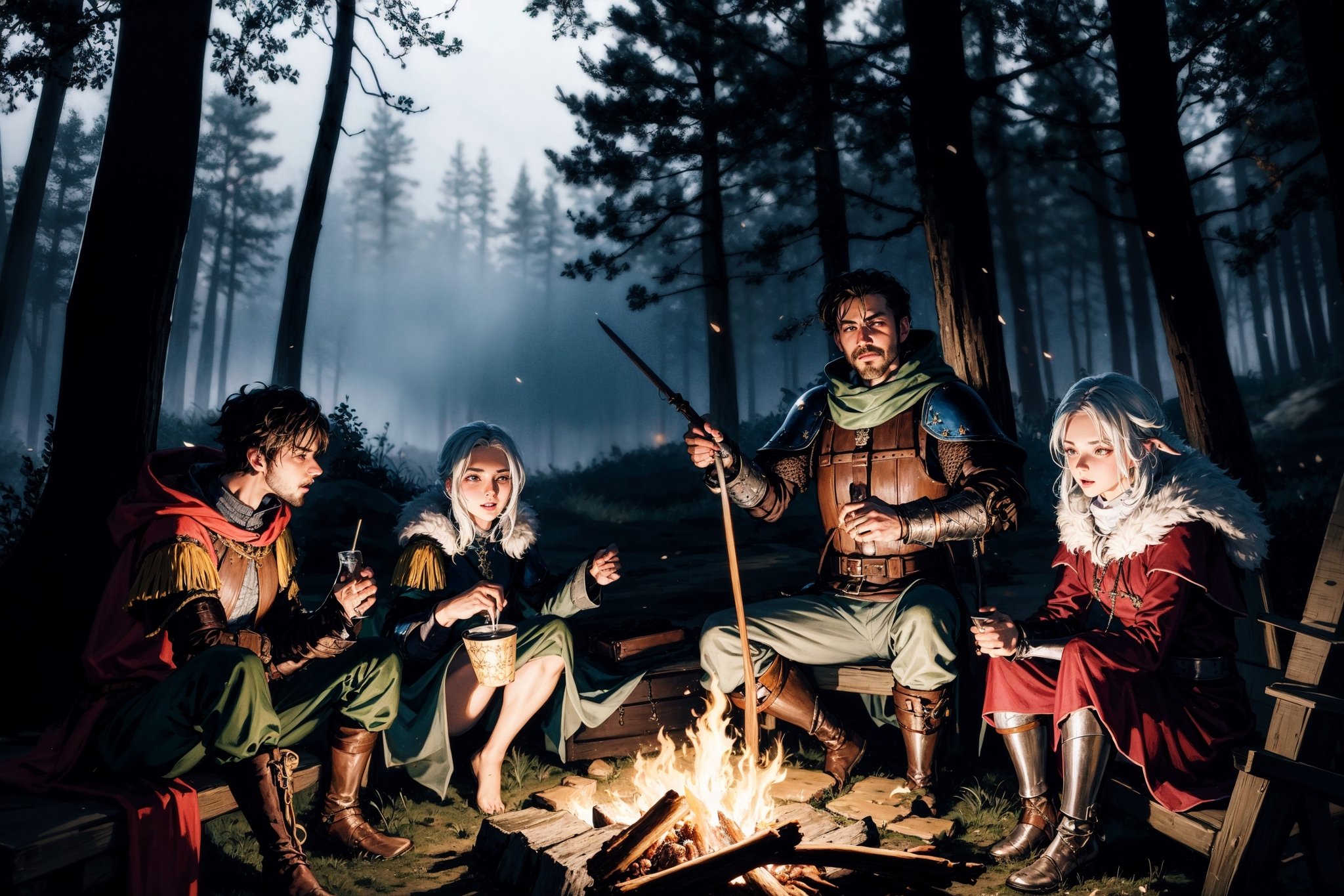 a group of fantasy medieval traveler in a campfire, windy night, cold nights, medieval fantasy forest, cinematic