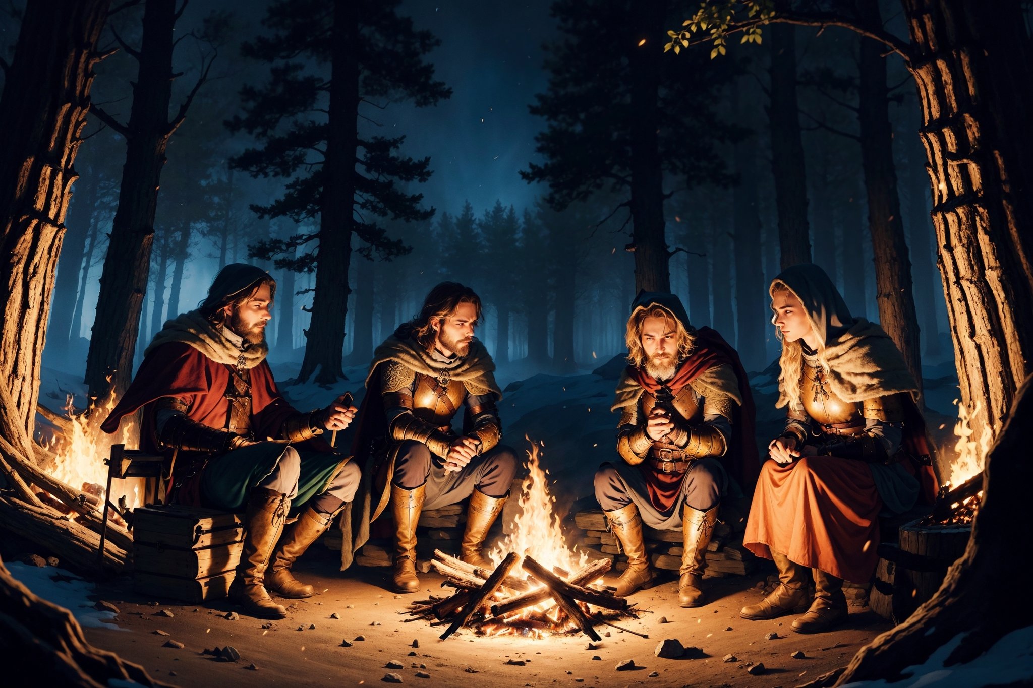 a group of fantasy medieval traveler in a campfire, windy night, cold nights, medieval fantasy forest, cinematic