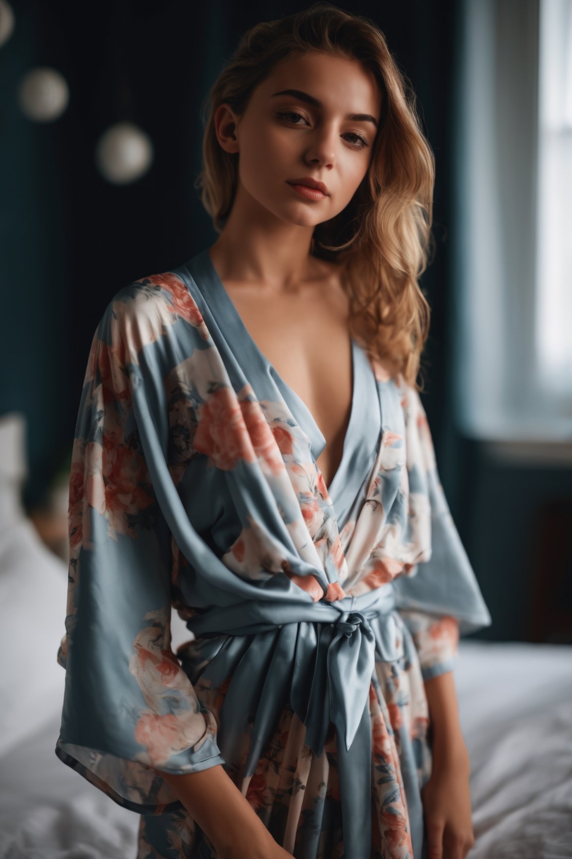 close portrait, 18 years old lady wears bed wrap dress in her bedroom, 30 style of Pinterest dress, artistic, cinematic mood, full shot , feminine, cleavage, perfect breast