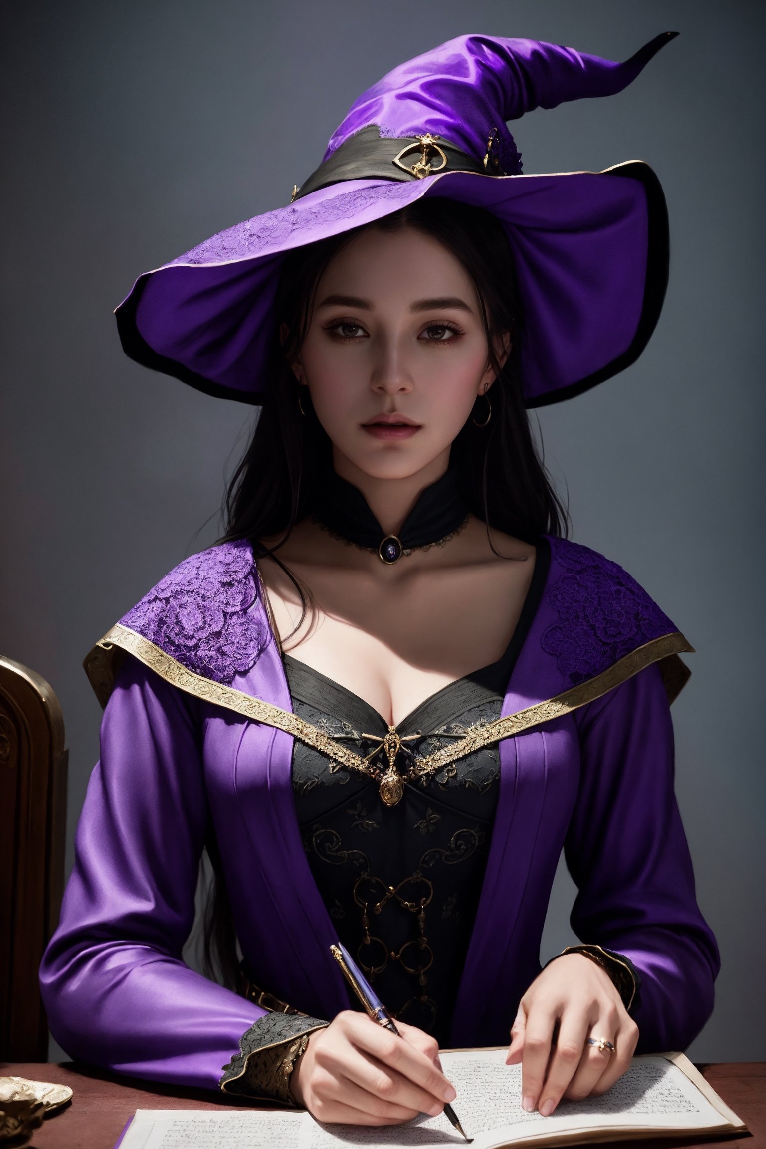 dalcefo, (a medieval witch in purple clothes), 1girl, modelshoot style, intricate details, masterpiece, cinematic lighting, dramatic, trending on artstation, highly detailed body, highly detailed face, ultra resolution, painting art by greg rutkowski and ruan jia, ilya kuvshinov fantasy ambiance