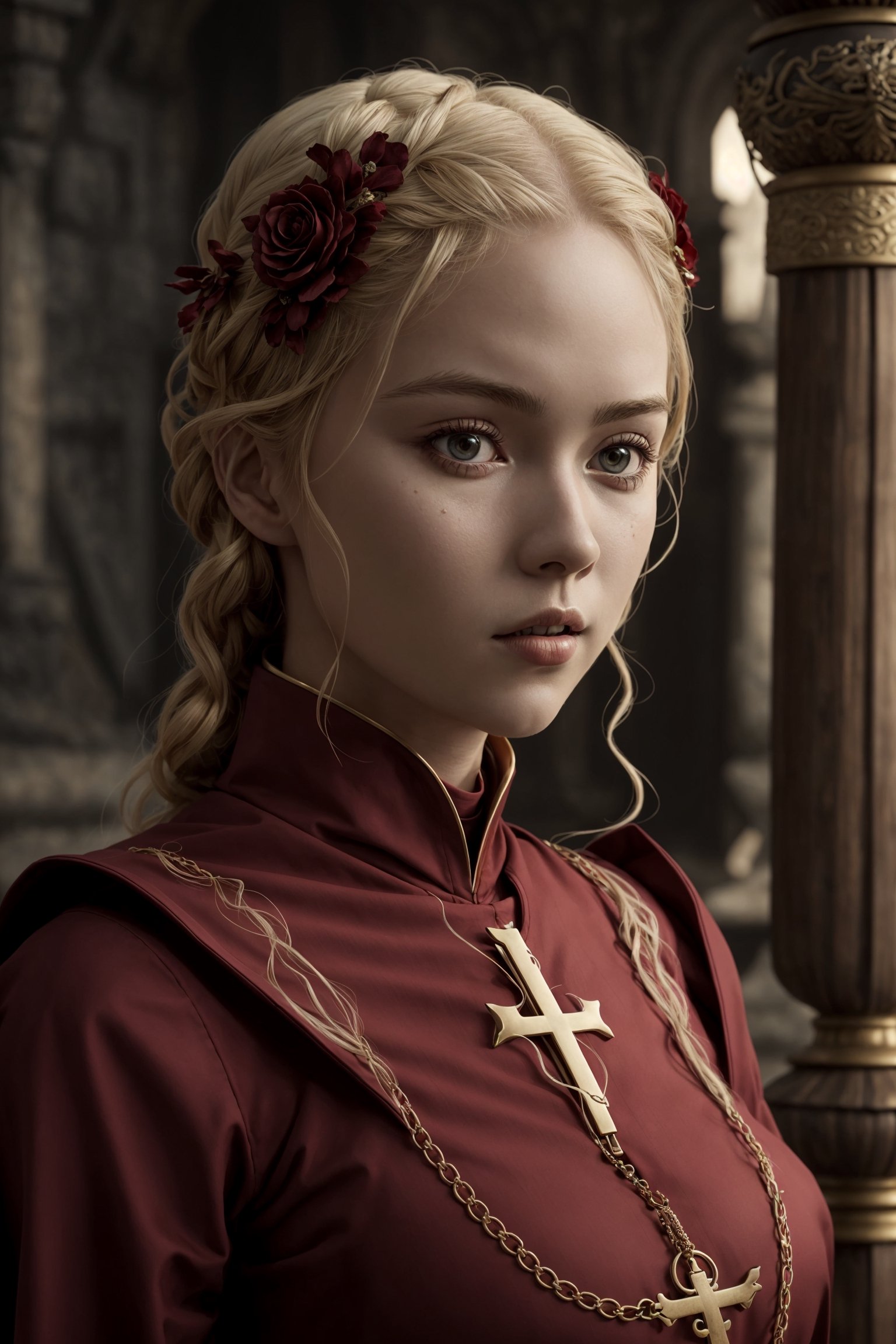 young red woman, red priest, in red temple, game of thrones, masterpiece, best quality (detailed face, detailed skin texture, ultra detailed body), (cinematic light: 1.1), very detailed, 1girl,